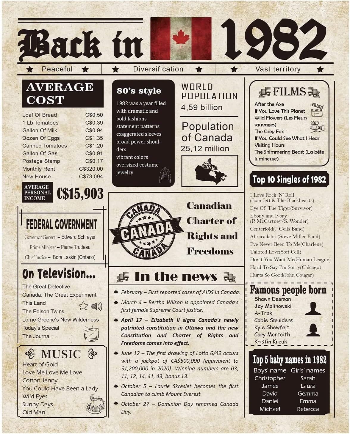 Back in 1982 CANADA 40th Birthday Decorations Vintage Poster, Birthday Gifts for 40 Years Old