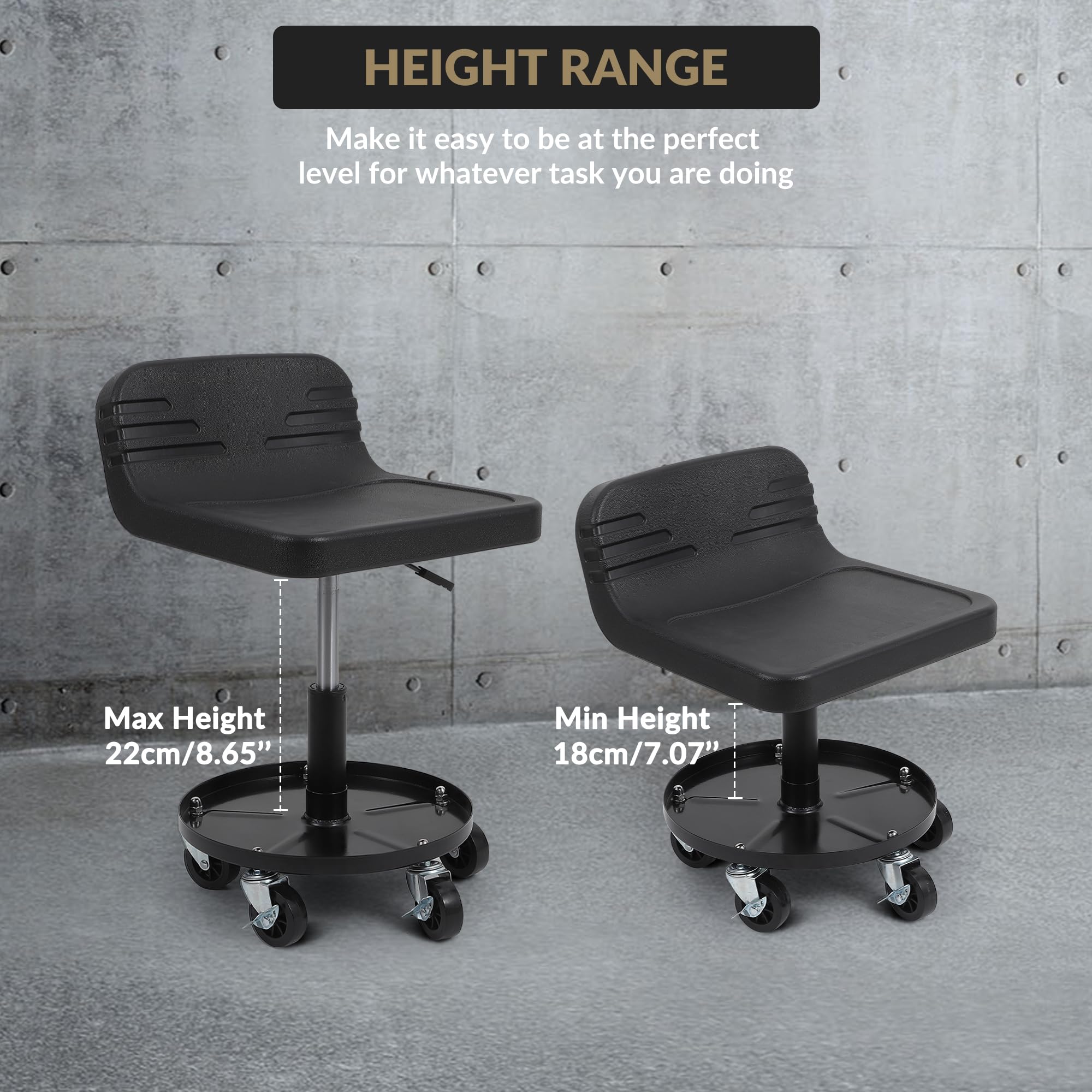 Garvee Taburete rodante, asiento mecánico resistente con ruedas, 44-57 cm, altura ajustable, con bandeja de almacenamiento de herramientas, capacidad de 136 kg, silla ergonómica acolchada con ruedas
