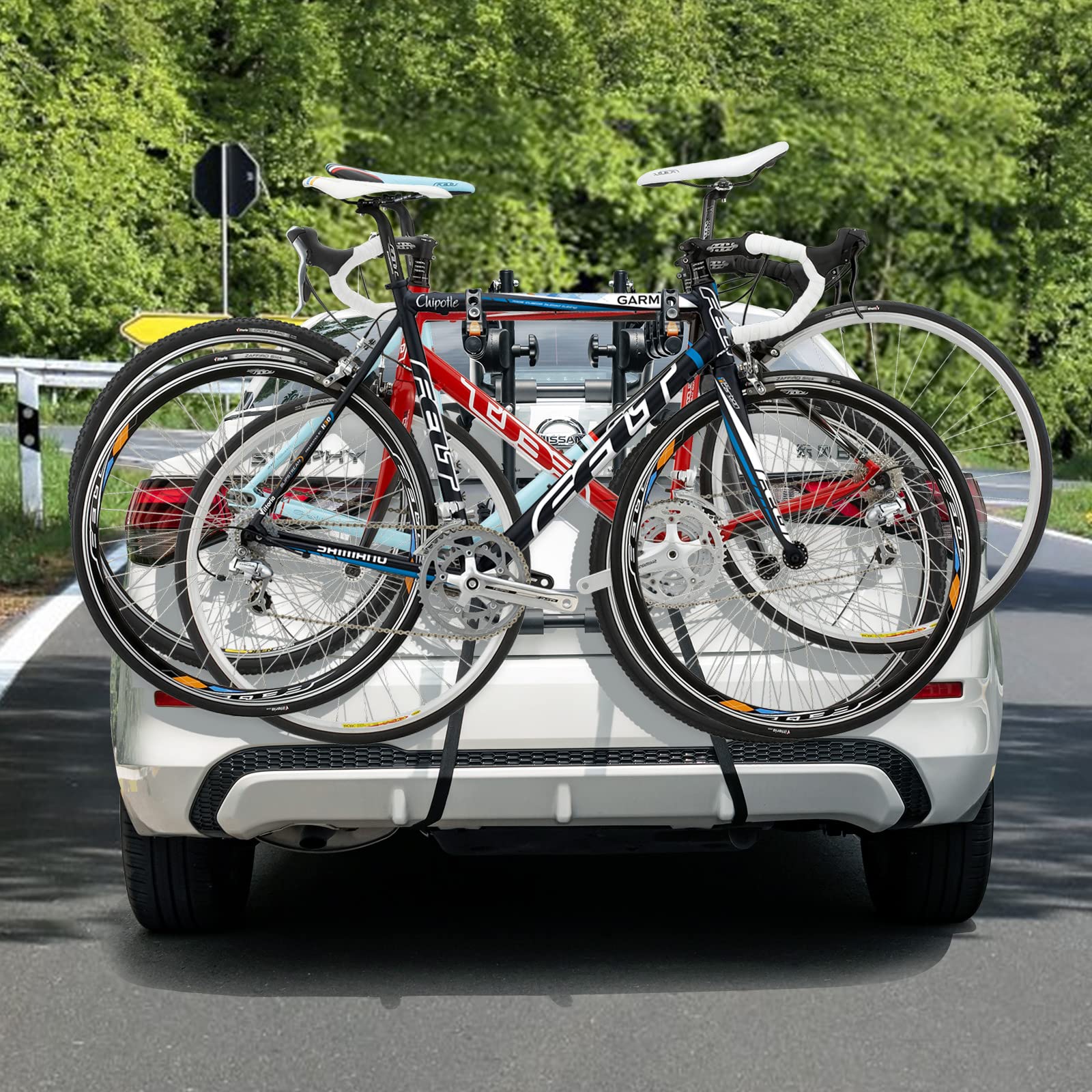 GYMAX Portabicicletas Coche con Longitud y Ángulo Ajustables para 3 Bicicletas, Soporte para Maletero para Maletero con Barra Superior y la Mayoría de Sedanes, Hatchbacks, Minivans y SUV