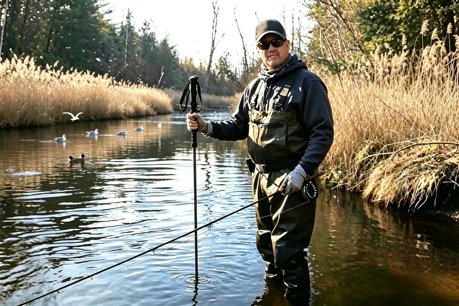 55-Inch Folding Wading Staff Wading Stick for Water Walking - 4-Section Trekking Pole, Unisex - Ideal for Fly Fishing Waders & Fishing Gear, Enhanced Automatic Spring Stick