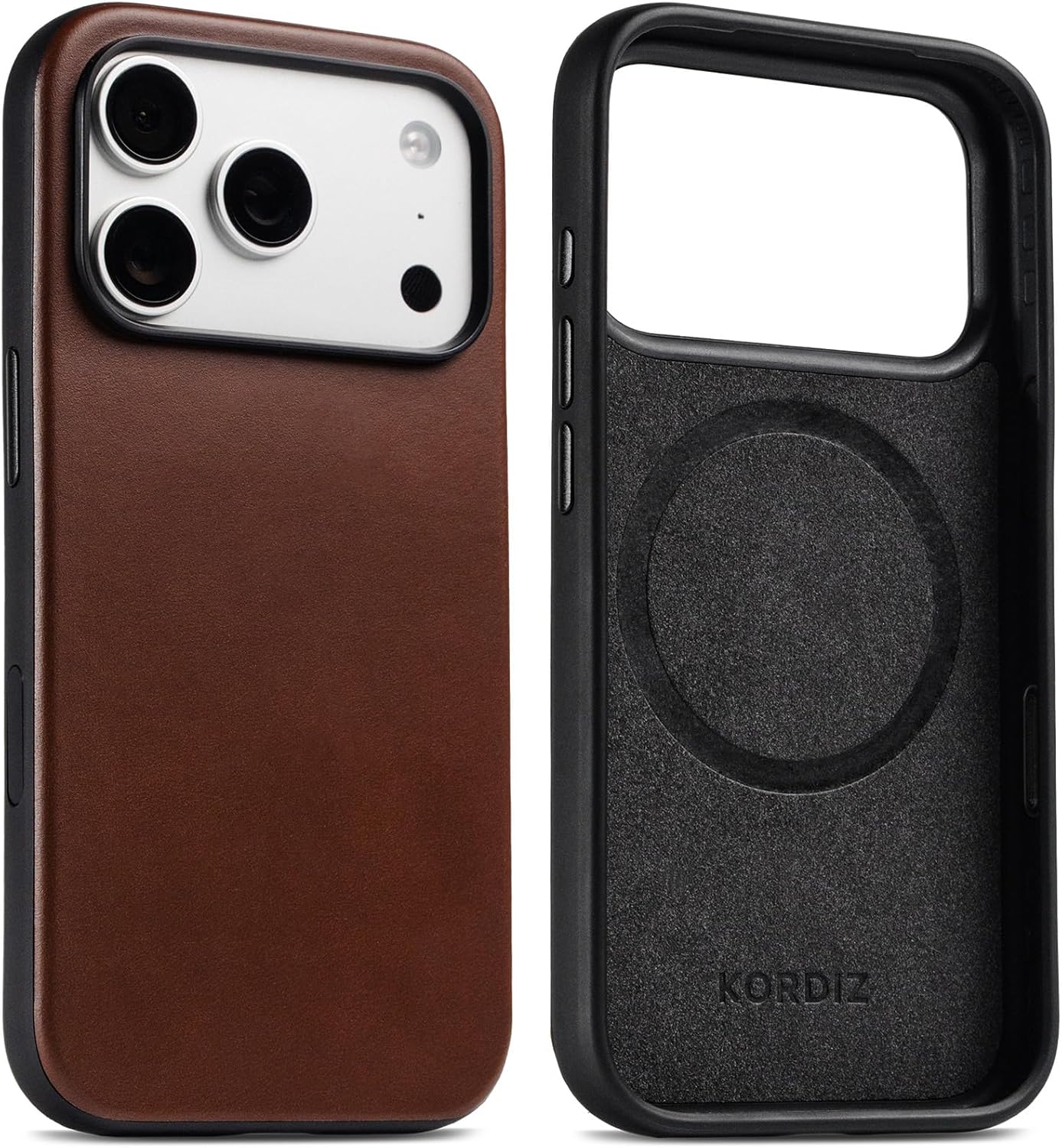 KORDIZ Impact Leather Case for iPhone 17 Pro – Full-Grain Leather MagSafe Case with Camera Control Button – 360° Shockproof Bumper – Rugged Patina-Ready Protection – Slim Grip Cover (Dark Brown)