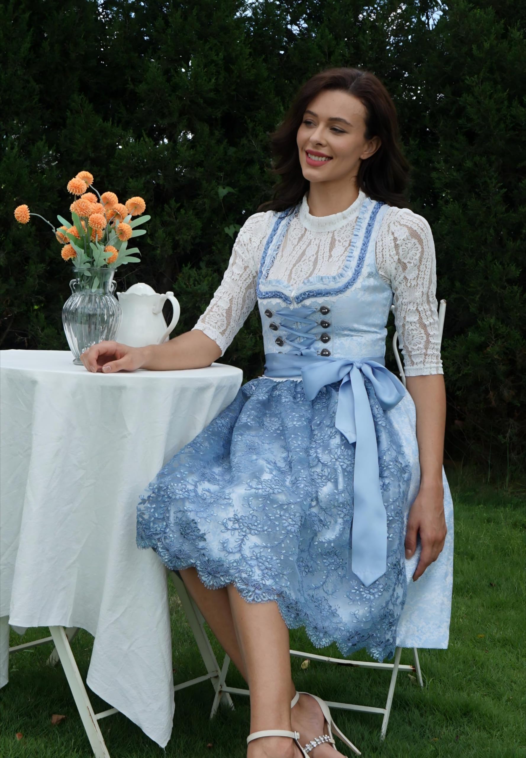 Dirndl Damen, Exklusive Dirndlkleider Damen Elegant 2tlg.60cm | Midi,Hochwertig,Blau/Rosa/Grau/Grün,Traditionell Bavarian,Trachtenrock,Dirndlschürzen,Mädchen,Größe 34-44 (Ohne Dirndlbluse)