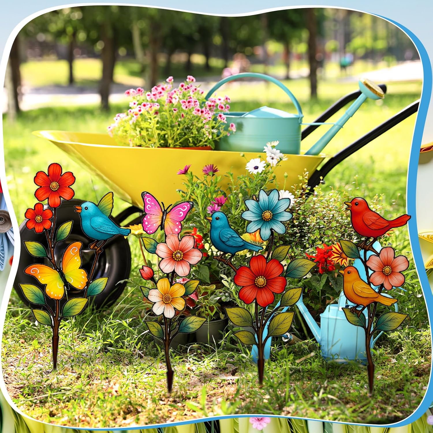 4 Pack Garden Decor for Outside Metal Flowers Garden Stakes Spring Decor 15'' Decorative Colorful Flowers Birds Butterfly Yard Art Rust Proof Plant Sticks for Yard Lawn Pathway Patio Outside