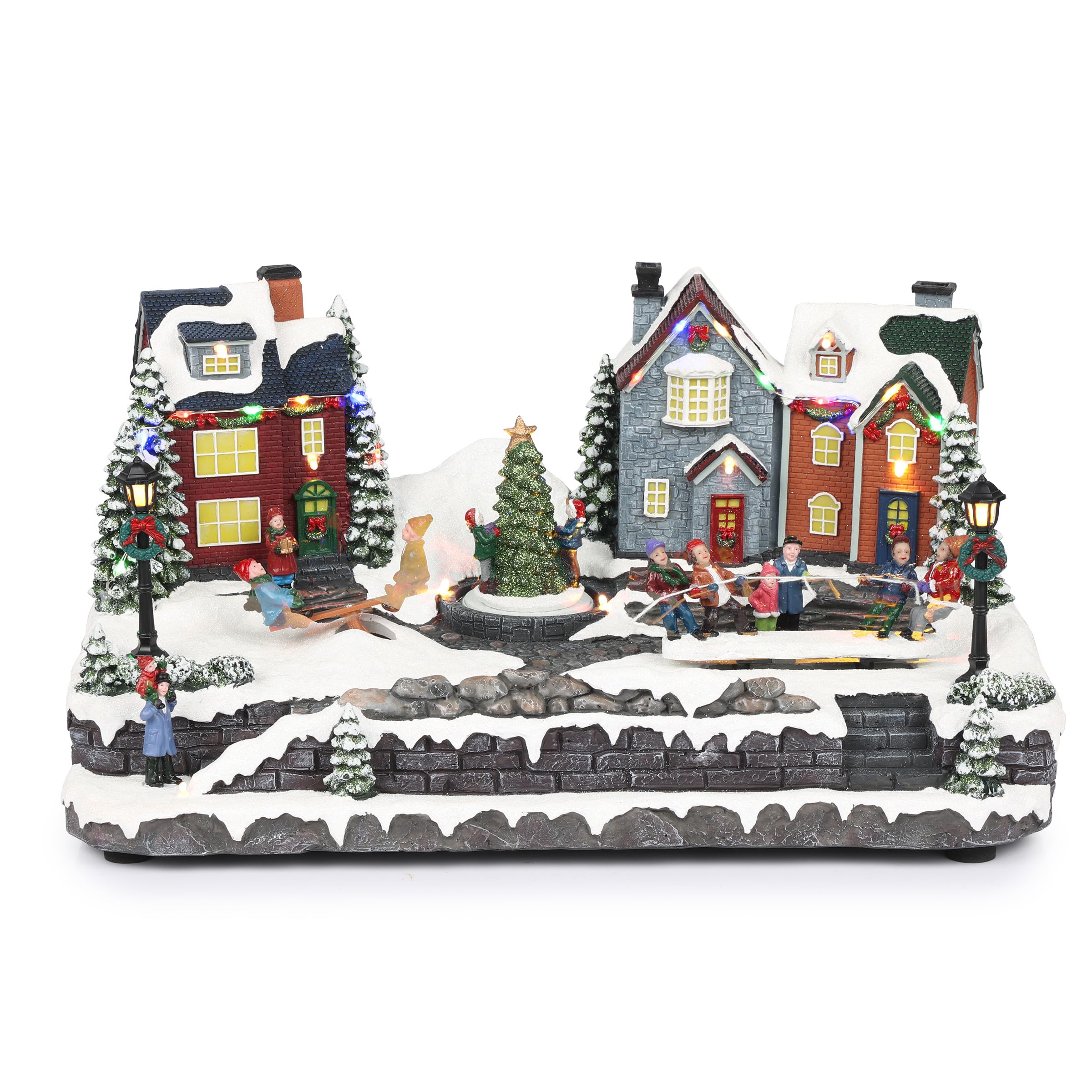 Alpine Corporation Animated Children Playing in Christmas Village Holiday Tabletop Decor with 26 Multicolor LED Lights and 5.6' Cord, 17" L x 11" W x 9" H