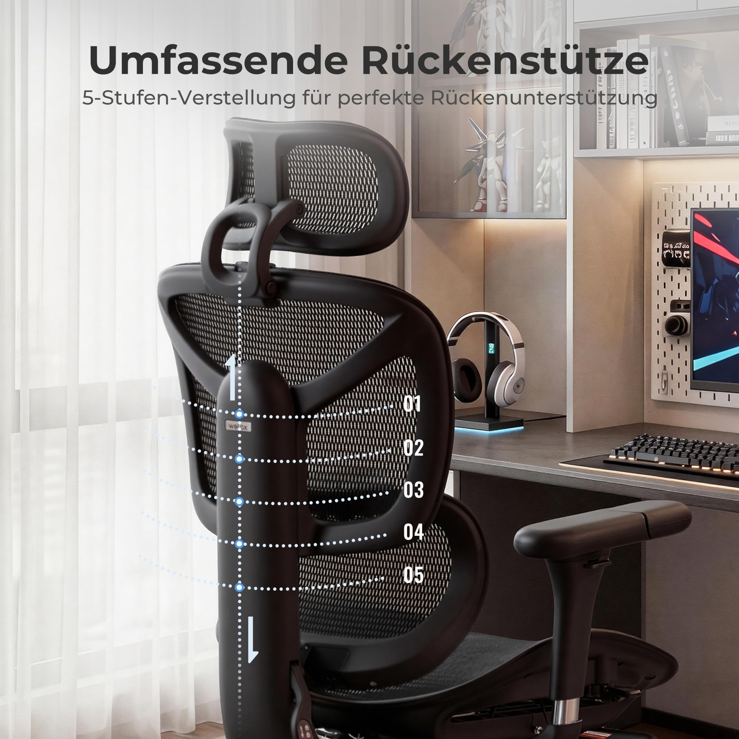 WELAX S9 Pro Ergonomischer Bürostuhl mit Mesh-Rücken, Lendenstütze, Fußstütze, 6D Armlehnen und verstellbarem Sitz – Komfortabler Gaming- und Homeoffice-Stuhl, Schwarz