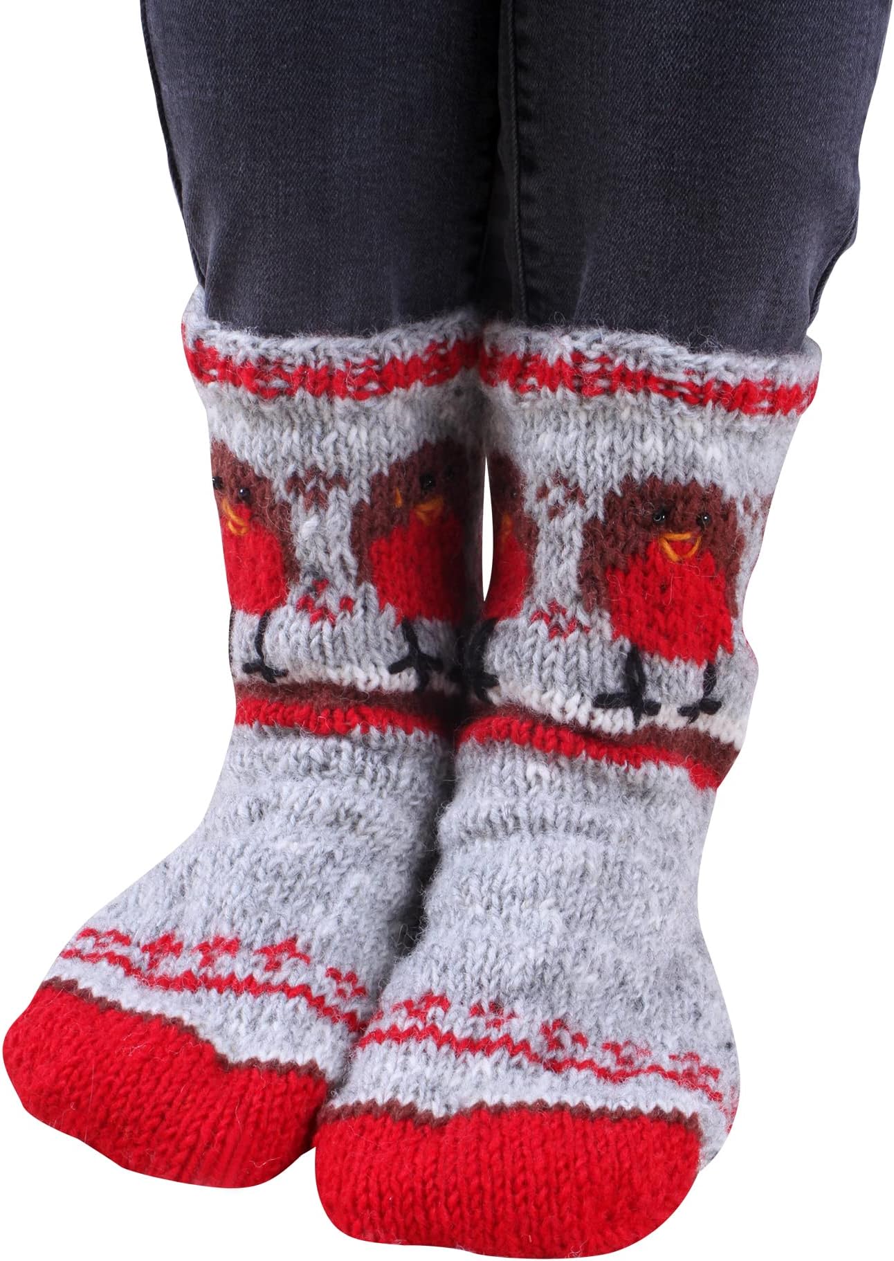 Women 100% Wool Bed Sofa Socks Handknitted Cute Robin Design Multicoloured Medium 4-7 Handmade Extra Warm