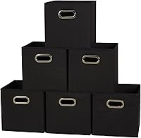 Household Essentials 6-Pack Foldable Fabric Storage Bins - Stackable Black Cubes, Sturdy Chipboard, Grommet Handles, 11x11x11 Inch for Closet Organization