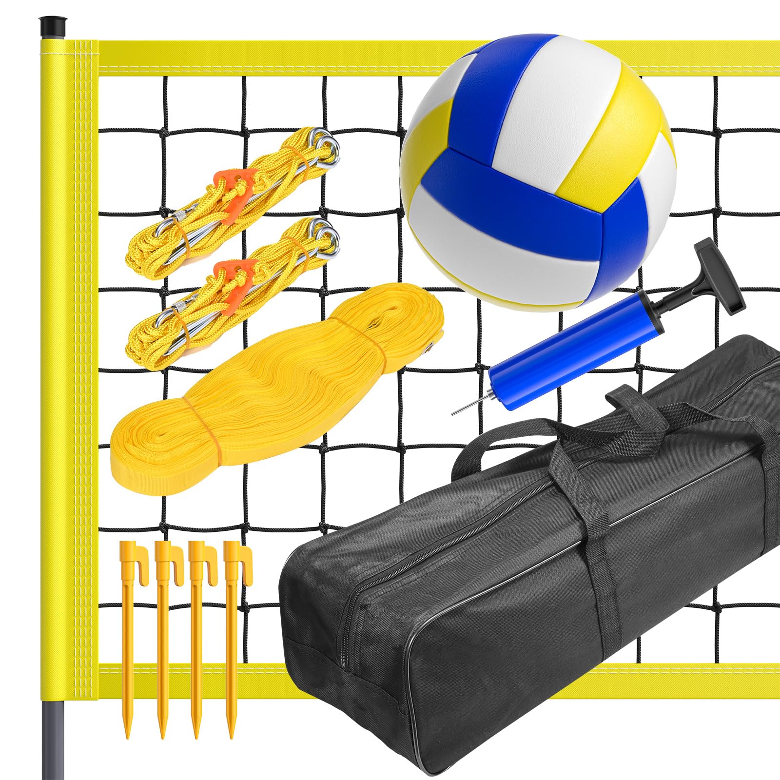 Outdoor Volleyballnetz Set, Höhenverstellbar Tragbarer Beachvolleyball-Netz mit Ständer, Volleyball, Luftpumpe, Feldmarkierungen，Tragetasche für Pool, Garten, Strand, Hinterhof