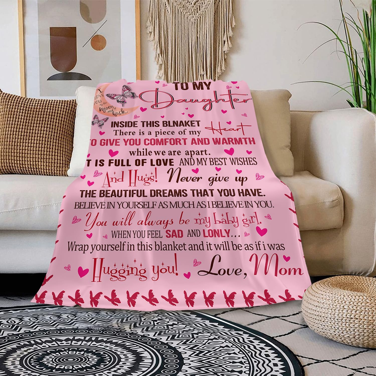 to My Daughter Blanket from Mom – Pink Butterfly Fleece Throw with Heartfelt Message – Soft Flannel Blanket for Daughter Birthday Graduation or Just Because Gift (39.3 * 51.1inch) - Image 3