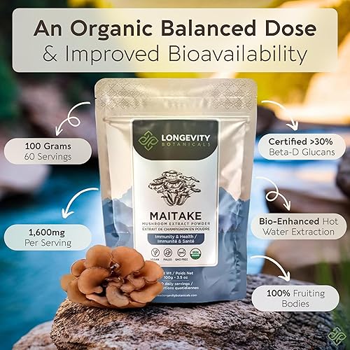 Miniatura 3 de Suplemento orgánico en polvo de hongos Maitake de 3.53 oz Extracto de alta resistencia 101 de cuerpo fructífero puro 30% de glucanos beta-D