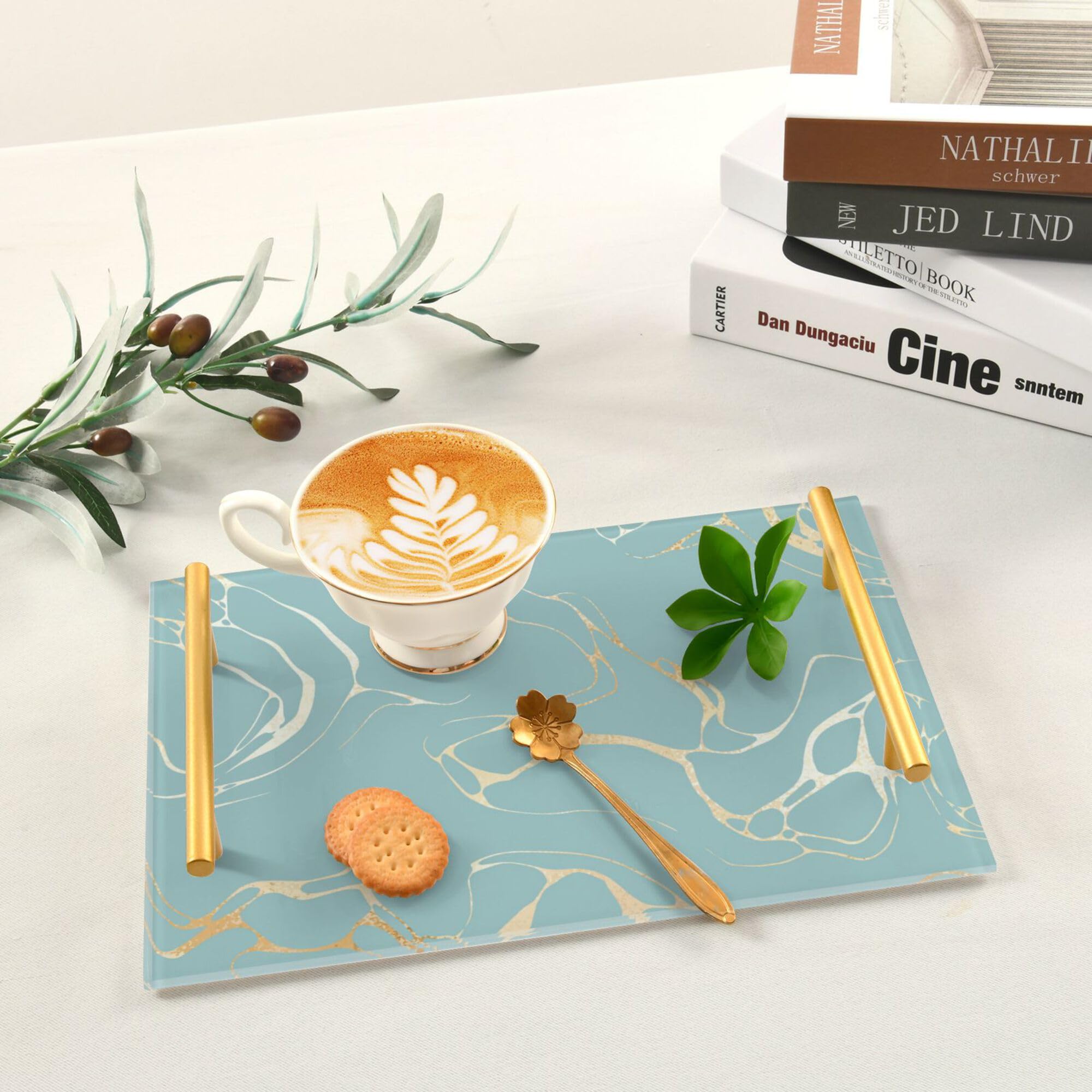 Turkusowa marmurowa taca z uchwytami - Lar taca do serwowania na zewnątrz na kanapę biżuteria perfumy i kolacja - Slish Home Decor Accessory