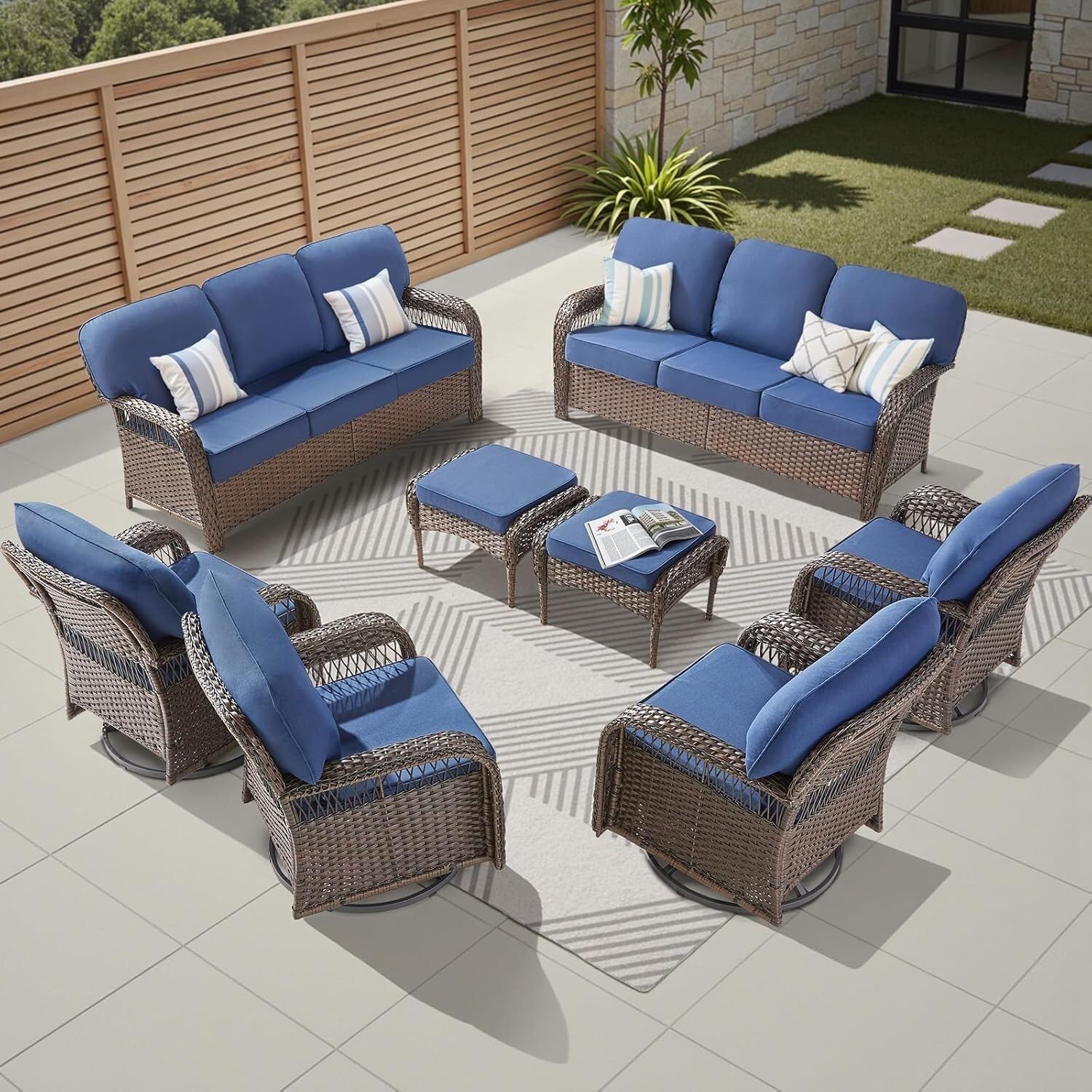 an 8-piece Rattan Furniture Set, Rotating Rattan Chairs, for The Garden(Azul/Marrón)