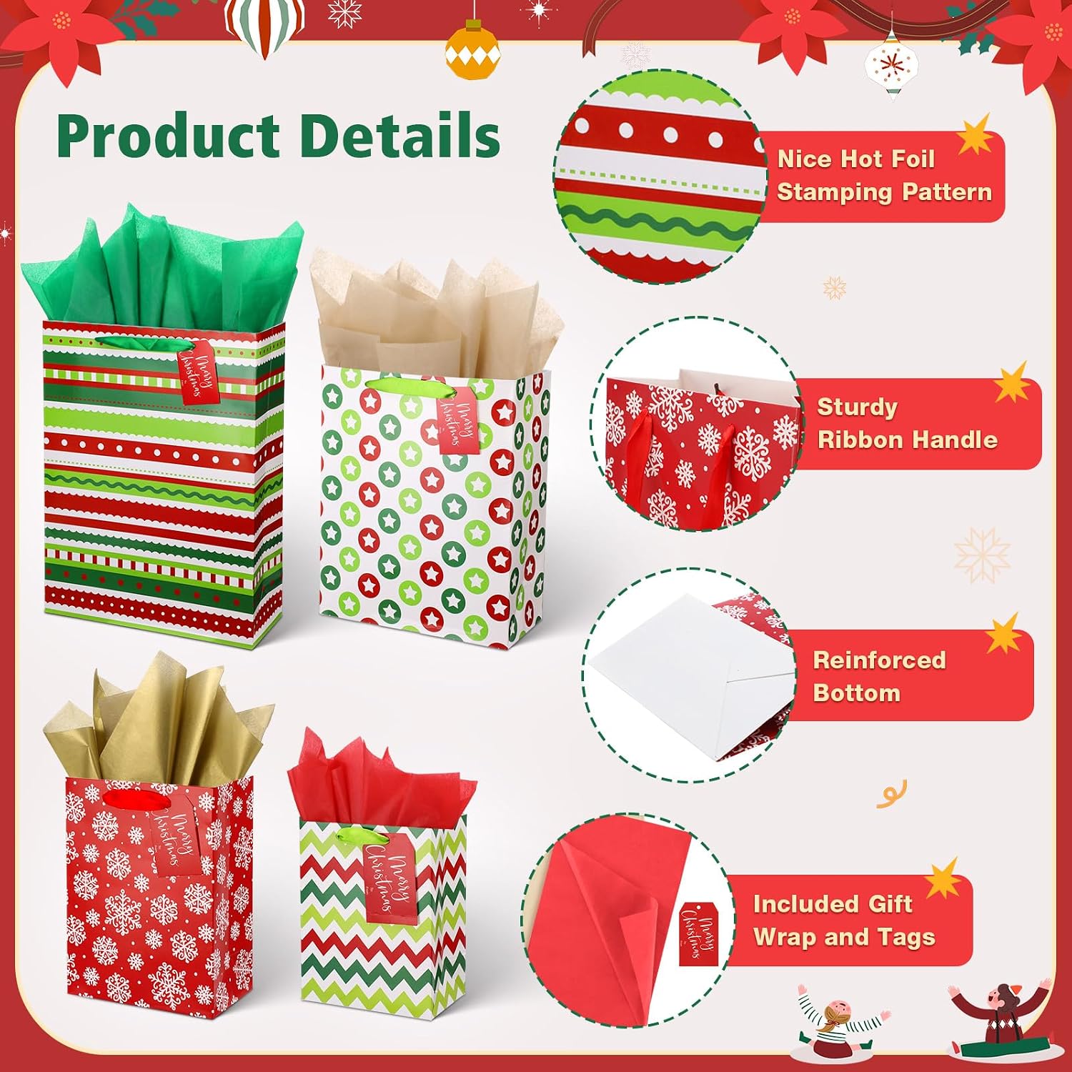 Ctosree 72 Pcs 24 Sets Christmas Gift Bags Assorted Sizes Red Green Chevron Christmas Gift Bags Bulk with Tissue Paper Tags, 6 Small 6.7", 6 Medium 9.06", 6 Large 12.6", 6 XL 15.75"