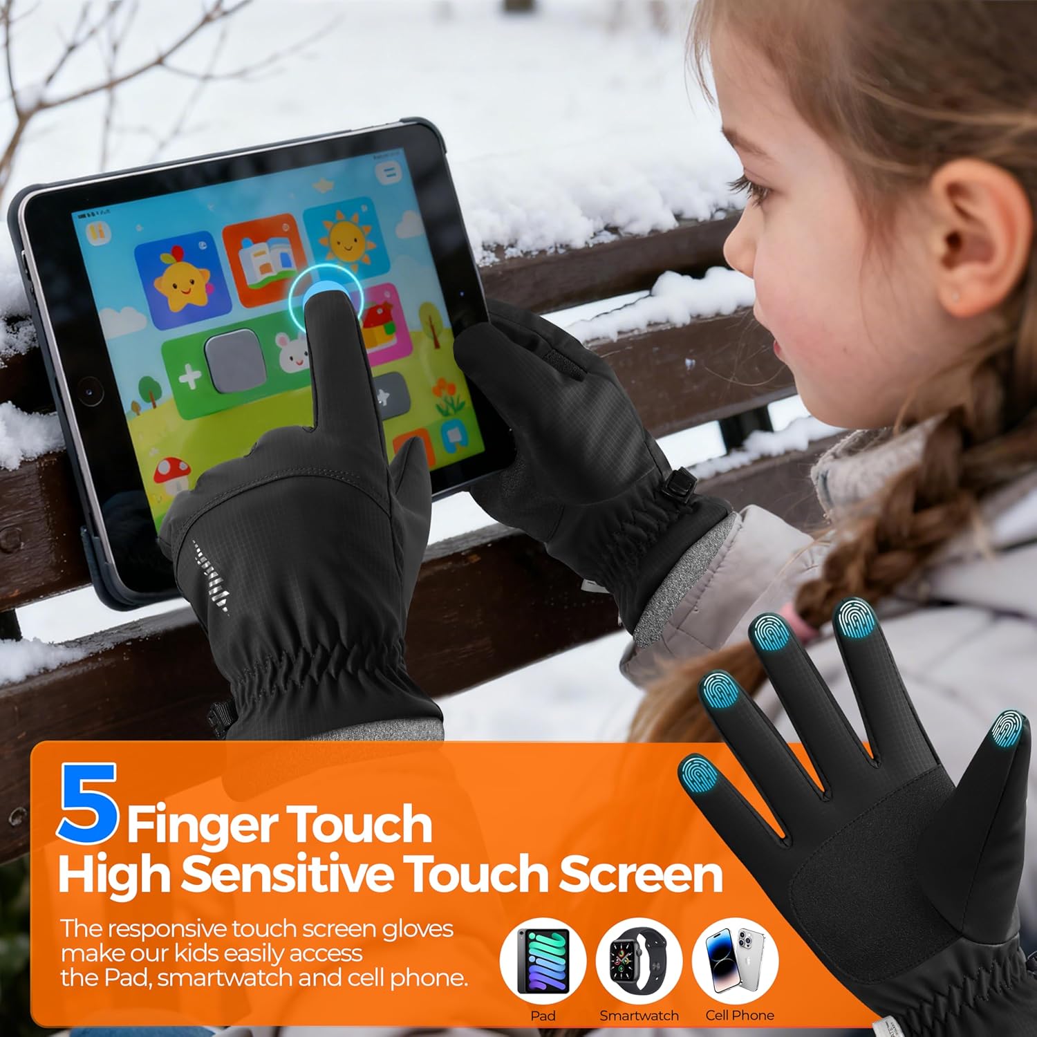 rivmount Kids 3M Ski Gloves Touchscreen Waterproof Warm for Boy Girl Youth Outdoor Skiing Cycling Snow Winter XL(10-12Y) Black