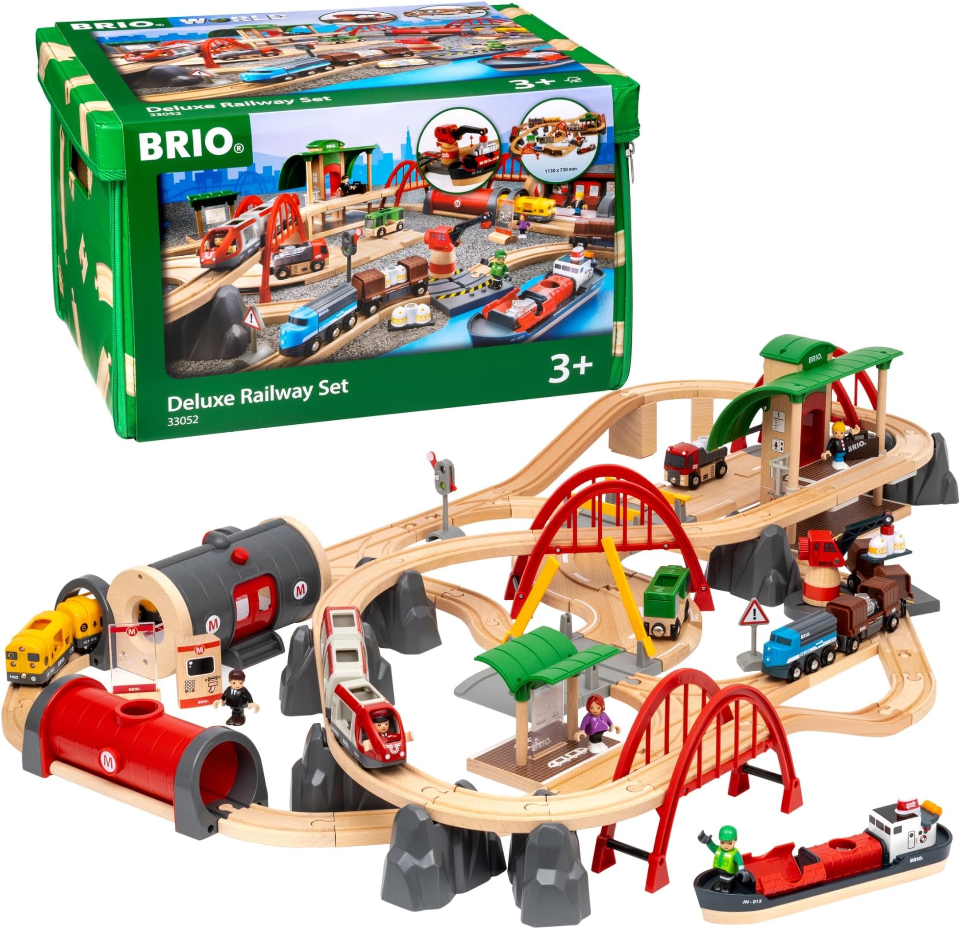 World Deluxe Wooden Railway Train Set & Track – Large Wooden Train Track with Engine, Wagons, Bridges, Switches & Accessories, Compatible with BRIO World, Educational Toy for Kids 3+