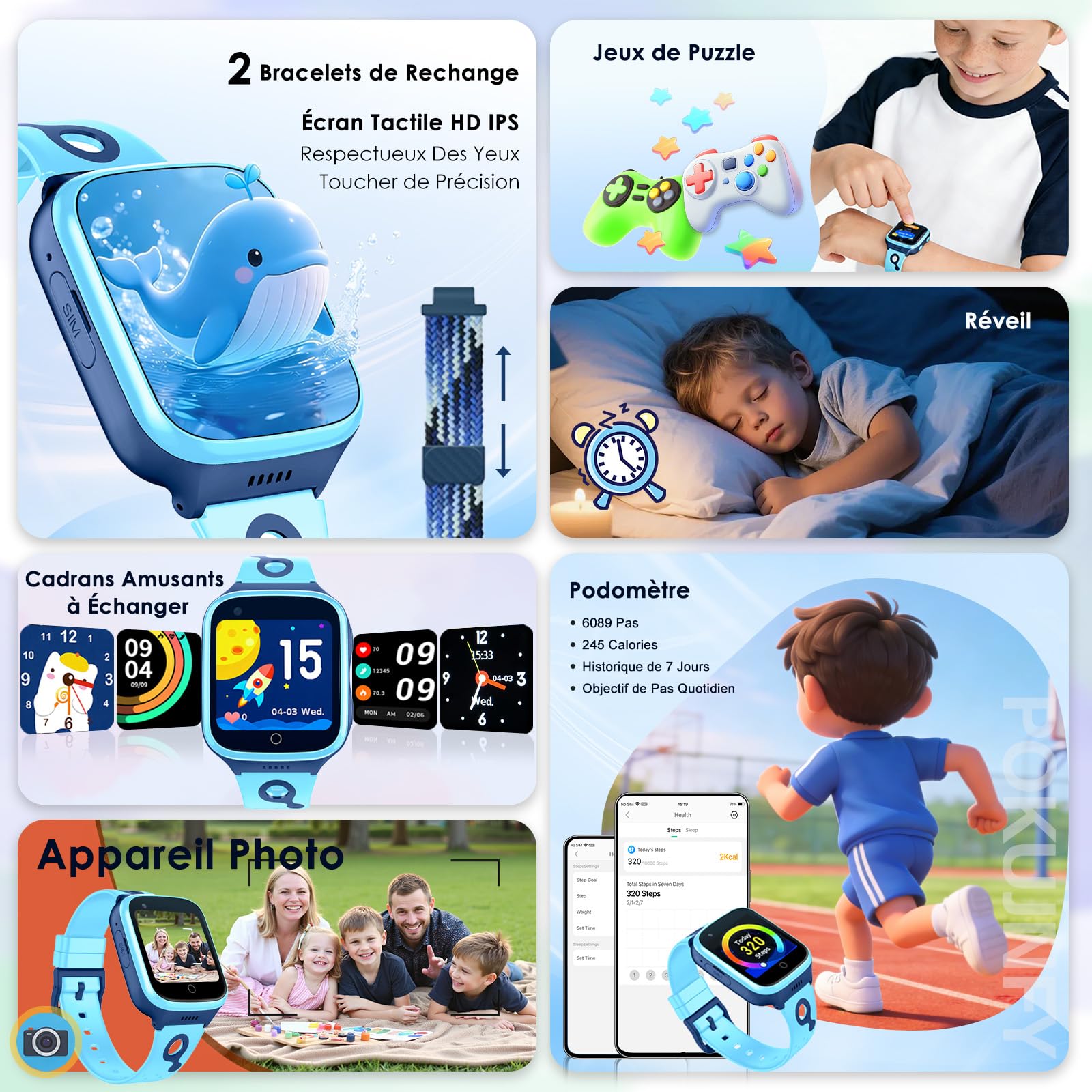 4G Montre Connectée Enfant pour Garçon Fille - Traceur GPS Tracker | Appel Vidéo Téléphone Chat Vocal SOS Mode Classe Calculatrice Reveil Jeu Podometre - Numérique Étanche Montre Enfant Cadeau