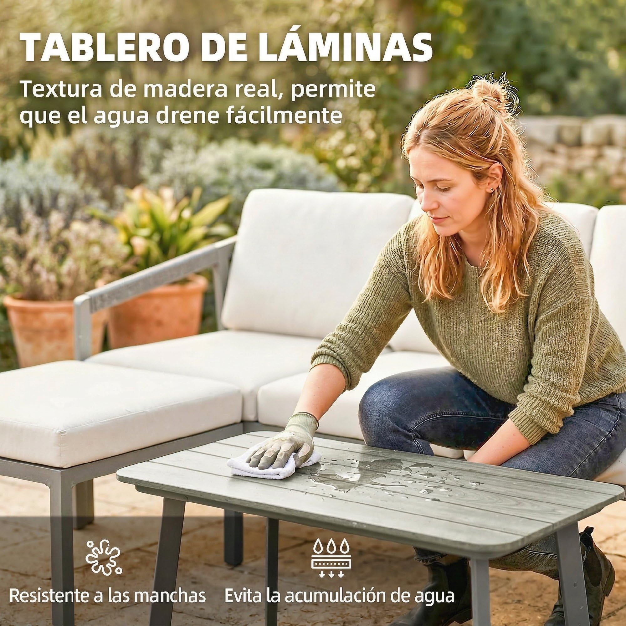 Outsunny Conjunto de Muebles Jardín Exterior Sofá Exterior Marrón Beige | 3 Piezas, Seccional Forma de L, Sofá de 3 Plazas, Reposapiés, Mesa Centro de Listones, Cojines de 10 cm, Terraza Patio