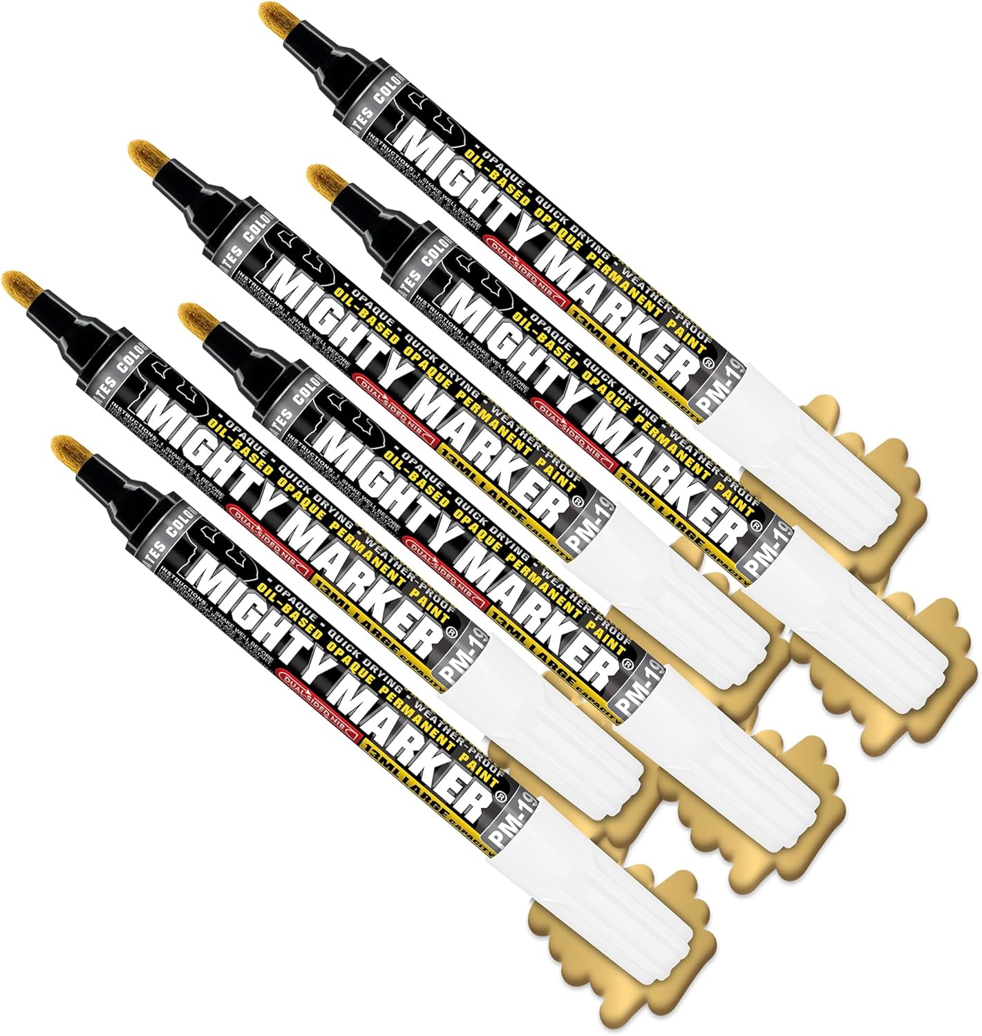 PM-19 Industrial Paint Marker, Xylene-Based, Permanent & Quick-Dry, 3.2mm Bullet / 4.8mm Chisel Dual Tip, Waterproof, 13ml Capacity, 6 Bonus Tips, Made in USA, Orange 6 Pack
