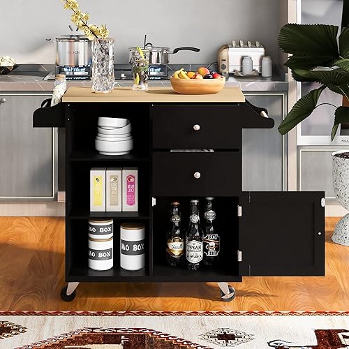 NIOIIKIT Carrito de isla de cocina con 2 cajones y 3 estantes abiertos, pequeño carrito de cocina rodante con 2 ruedas bloqueables, armario de