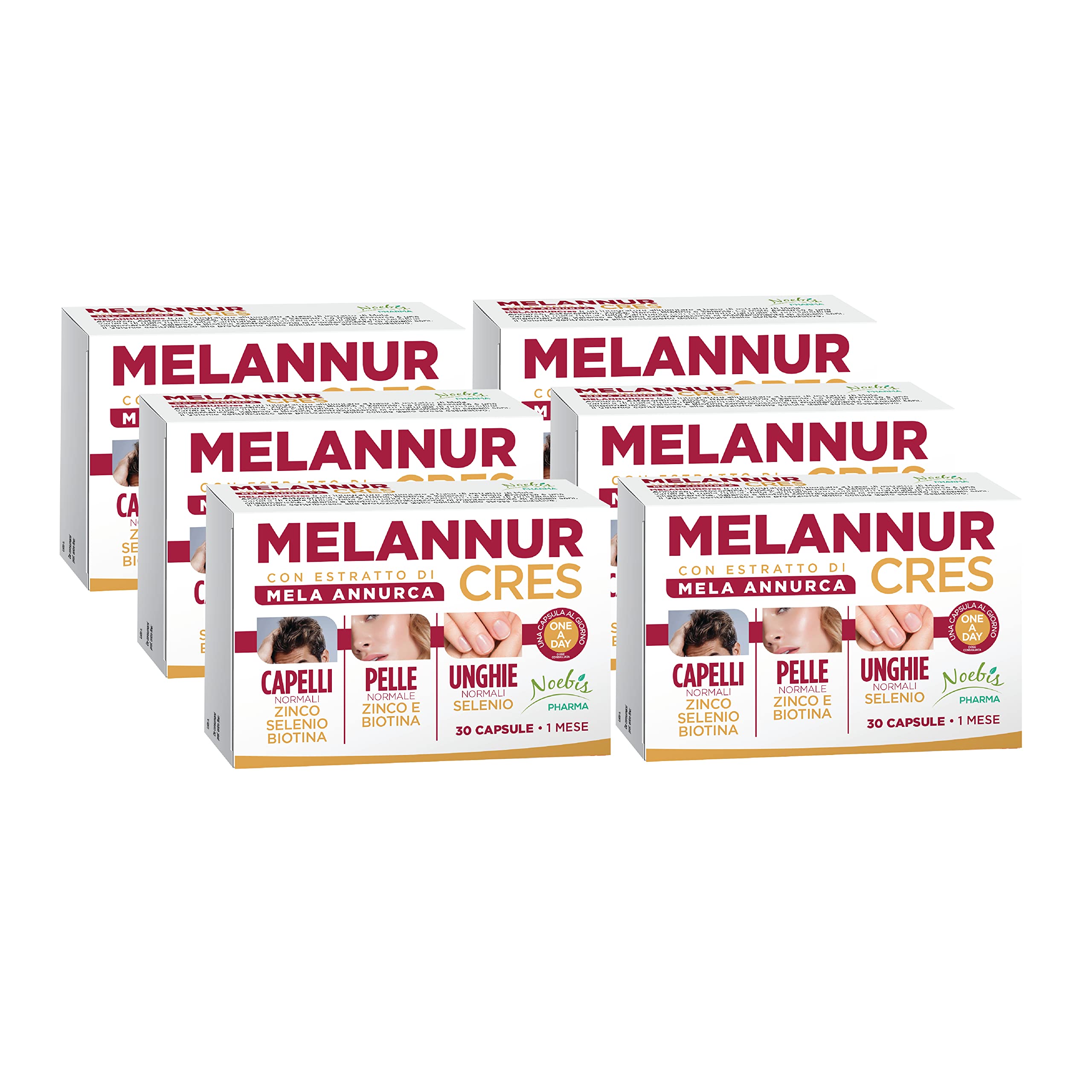 MelannurCres – Elisir per i Capelli – Integratore 30 Capsule – con Mela Annurca, Zinco, Rame, Selenio, Biotina e Astaxantina – Crescita e Forza - (Confezione da 6)