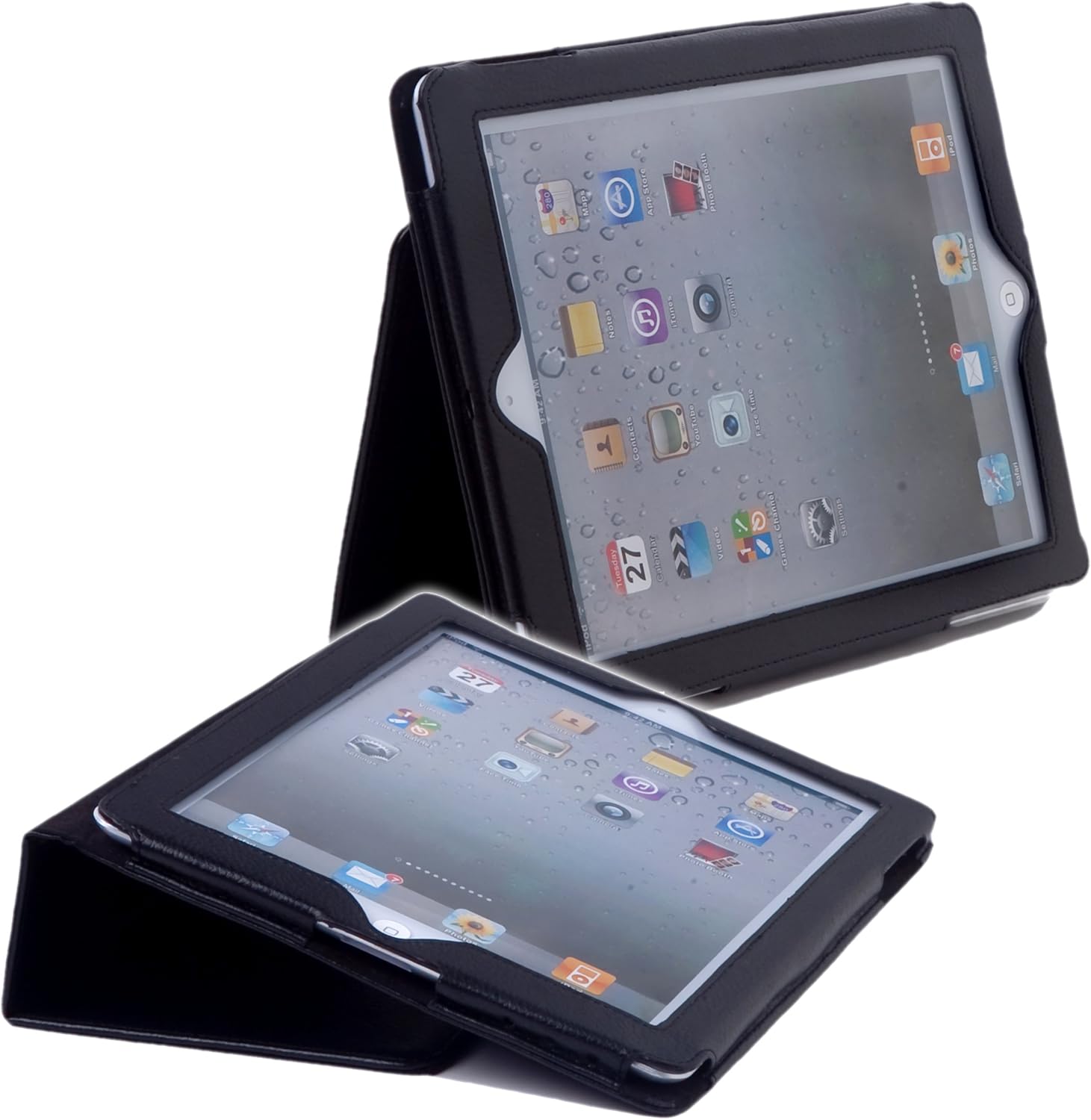 iPad 2, 3, 4 Accessory Bundle Including 1 Faux Leather Stand Case for Apple iPad 2, 3 and 4/2 Stylus Pens / 1 Screen Protector / 1 ECO-FUSED Microfiber Cleaning Cloth (Black)