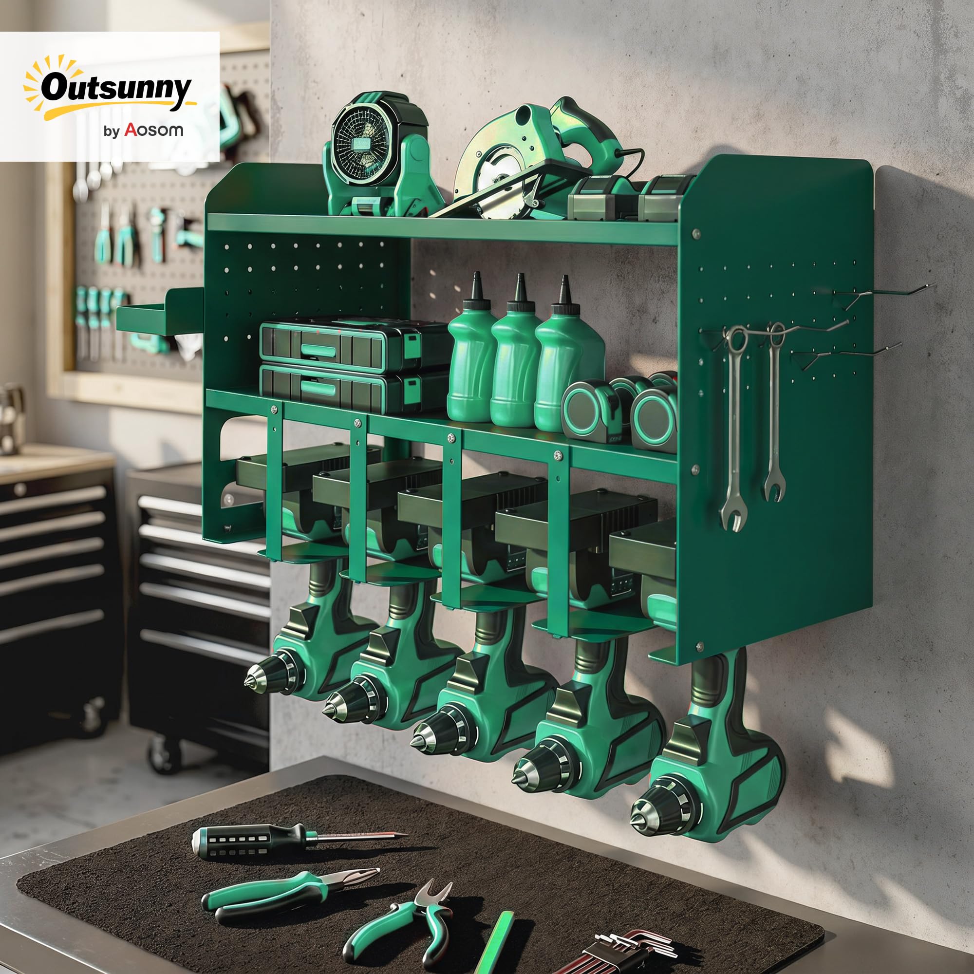 Outsunny Organizer per Utensili Elettrici, Porta Attrezzi da Parete, Supporto Heavy Duty per 5 Trapani Elettrici, in Metallo con Vassoio Laterale e 4 Ganci per Garage, Capanno, Officina, Verde