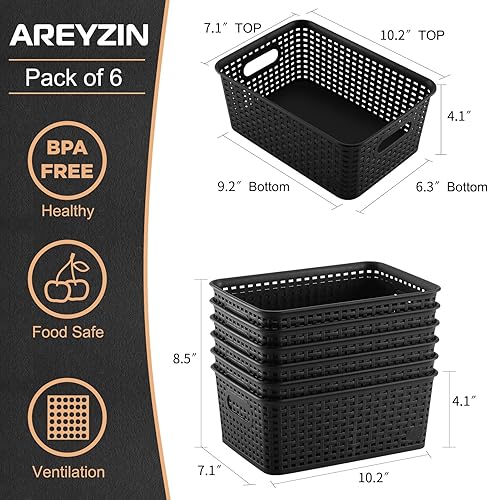 Miniatura 6 de AREYZIN Juego de 6 cestas de almacenamiento de plástico resistentes y pequeñas cestas de almacenamiento para estantes, armarios, encimeras,
