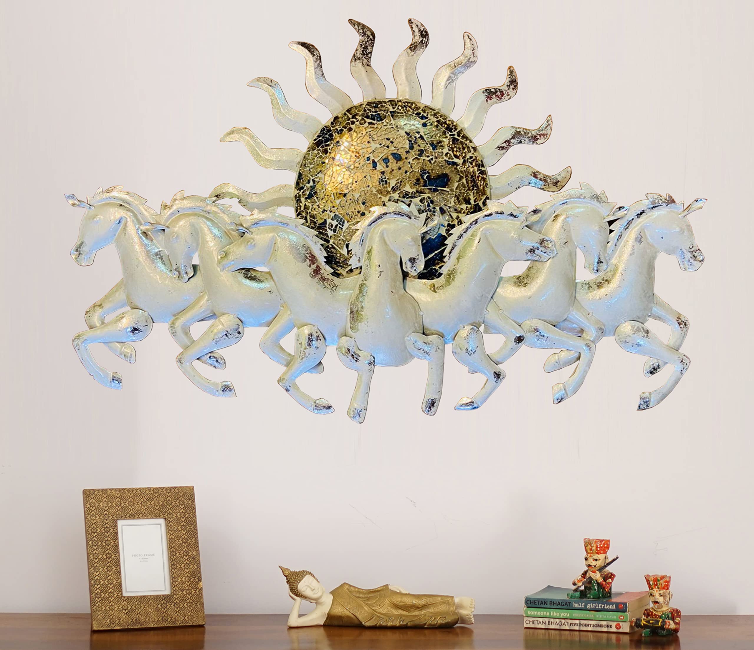 Ronnis Art 7 Running Horses with Sun - Metal Wall Decor with LED light (48 * 3 * 26 inches, white)