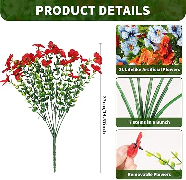 12 Bundles Artificial Flowers Outdoor, 6 Colors UV-Resistant Artificial Flowers, No Fade Plastic Faux Plants for Indoor Outside Garden Porch Window Box Farmhouse Wedding Decoration Hanging Planters