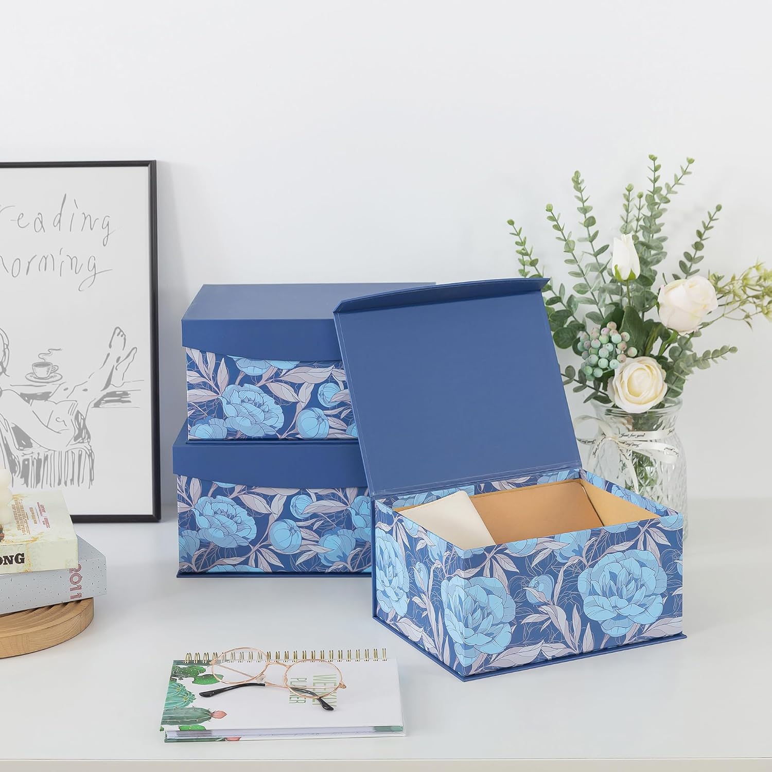 Soul & Lane Decorative Storage Boxes with Magnetic Closure, Set of 3 Memory Keepsake Boxes with Lids, Cardboard Storage for Gifts, Organizing, and Home Décor, Manor Blue