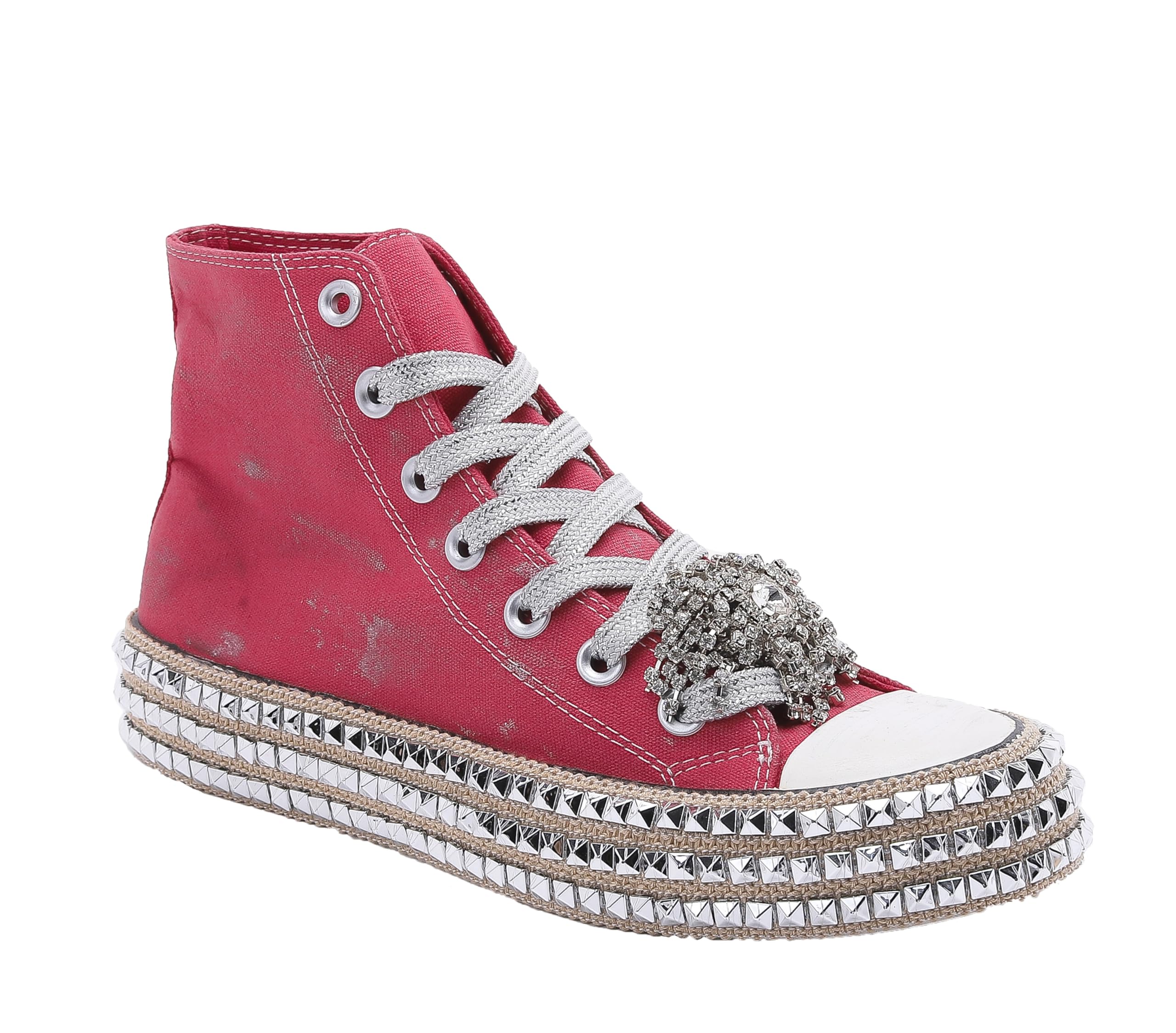 Womens High-Top Canvas Sneakers Studded Rhinestone Side Shoes Lace Up Fashion Shoes Casual Platform Ankle Boots