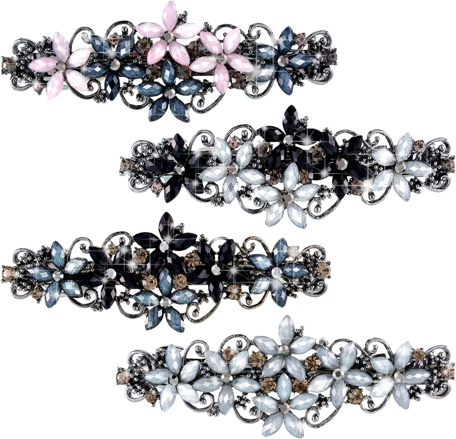 Janinka 4 Pcs Flower Barrettes for Women Ladies, Rhinestones Hair Accessories Crystal Barrette Spring French Ponytail Hair Clips for Women Wedding Styling Tools