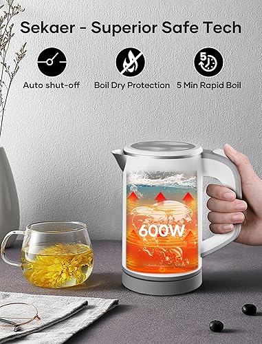 Miniatura 6 de Sekaer Pequeña tetera eléctrica de acero inoxidable de 0.8 L, portátil, para viaje, hervidor de agua caliente, mini tetera eléctrica con apagado
