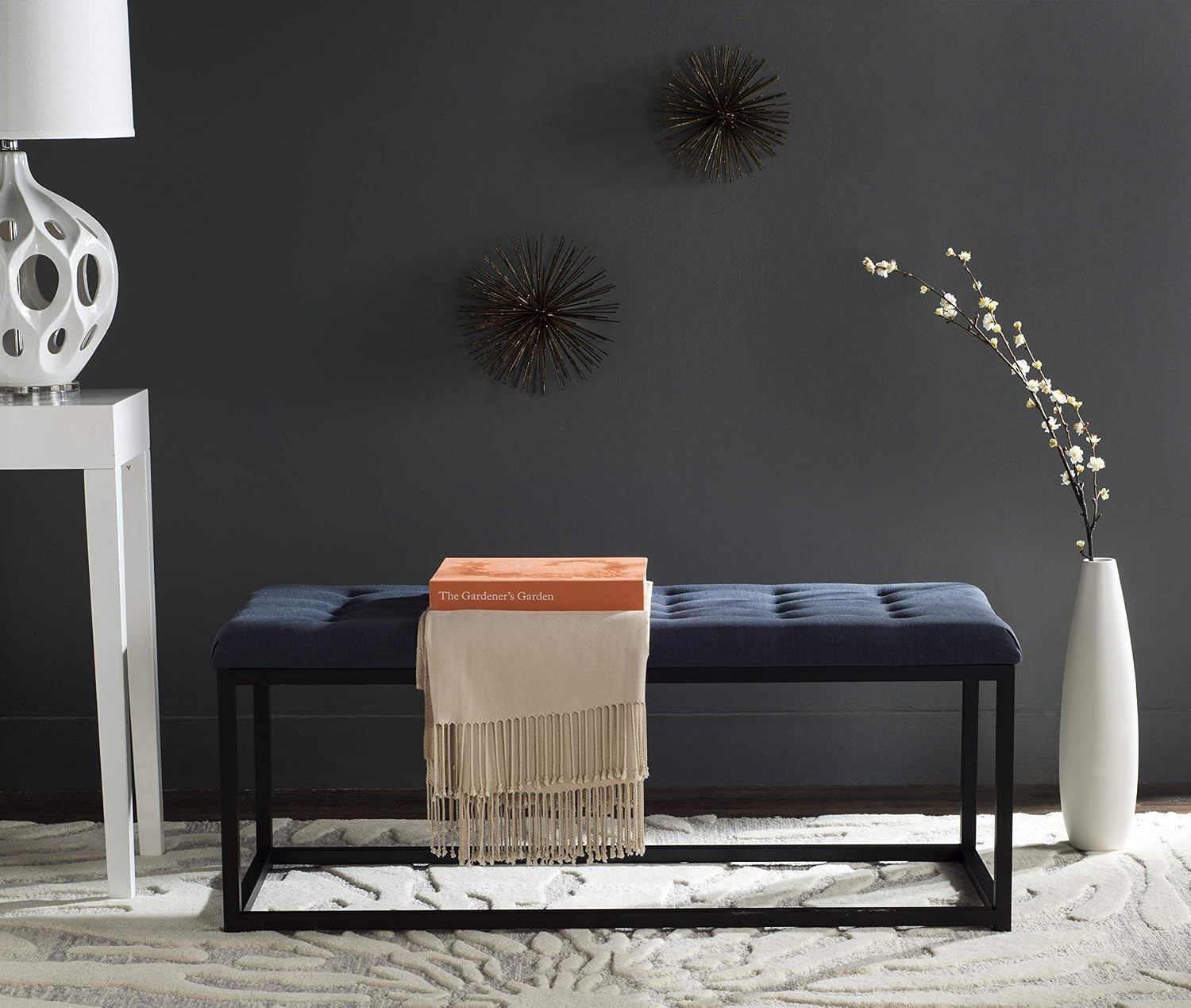 SAFAVIEH Home Collection – Reynolds Navy Tufted Upholstered Accent Bench, Modern Parsons-Style Open Frame Bench for Bedroom, Entryway or Living Room, Black Legs (FOX6225B)