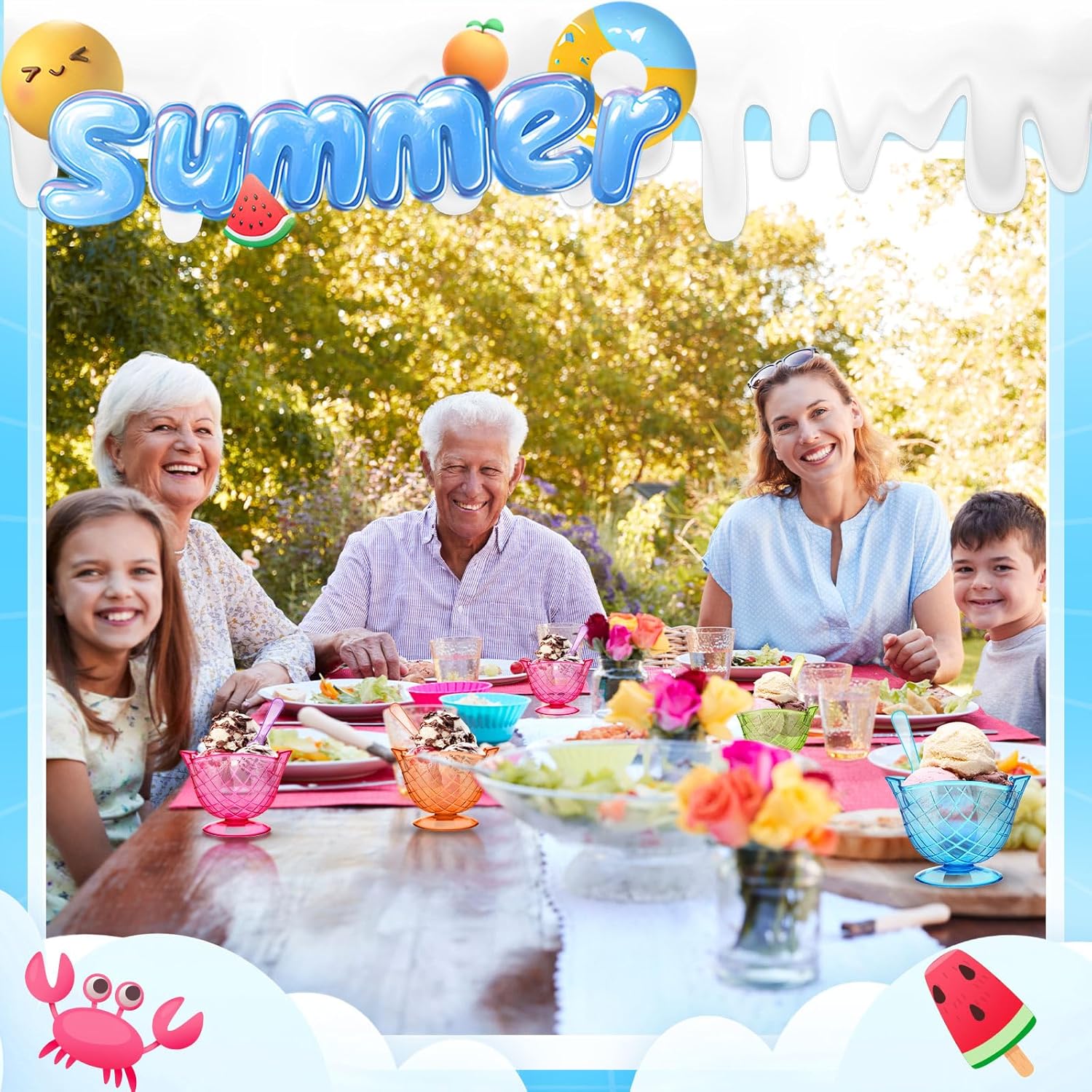 Zhehao 74 Pcs 12 oz Plastic Ice Cream Bowls with Spoons Set,Reusable Waffle Cone Pattern Ice Cream Sundae Bowls Dessert Cups Disposable in 4 Assorted Summer Colors for Sundae Candy Fruit Yogurt