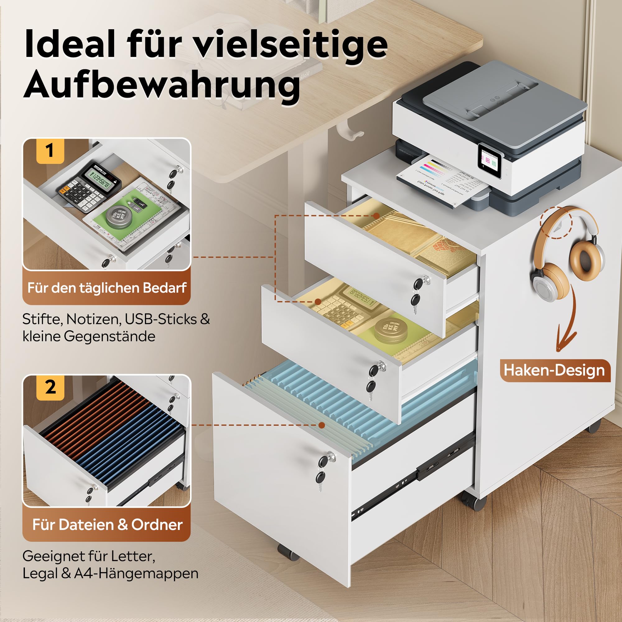 DEVAISE Rollcontainer mit 3 Schubladen, Mobiler Aktenschrank mit Rollen, Druckertisch für DIN A4/Legal/Letter, Schreibtisch Unterschrank für Büro und Home Office, Weiß
