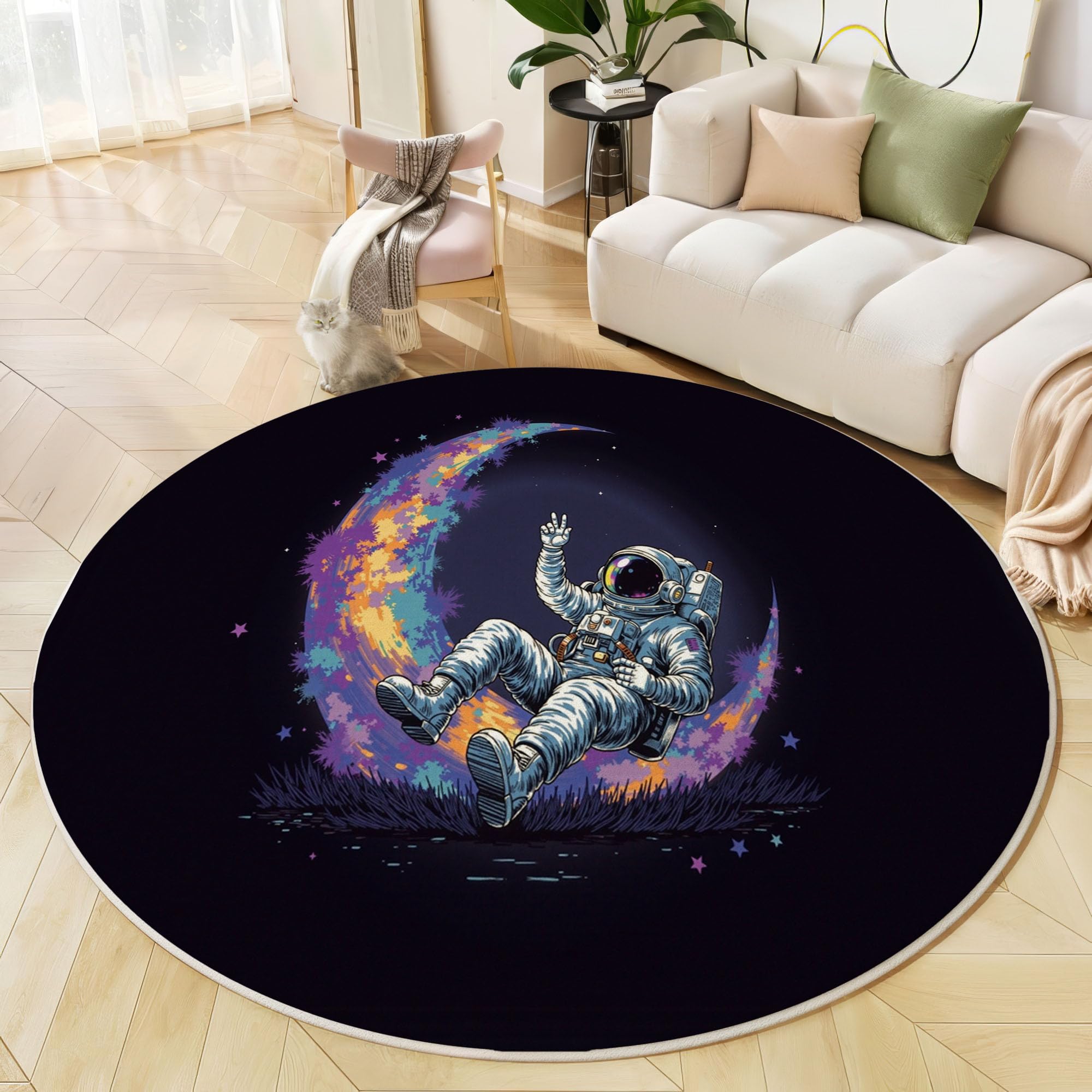 Tapis Rond Aquarelle Lune Astronaute 100 Cm, Lavable En Machine Pour Salon, Ne Perd Pas Ses Poils, Antidérapant | Tapis Affiche Science-Fiction Pour Chambre À Coucher Chambre D'Enfant, Noir Violet