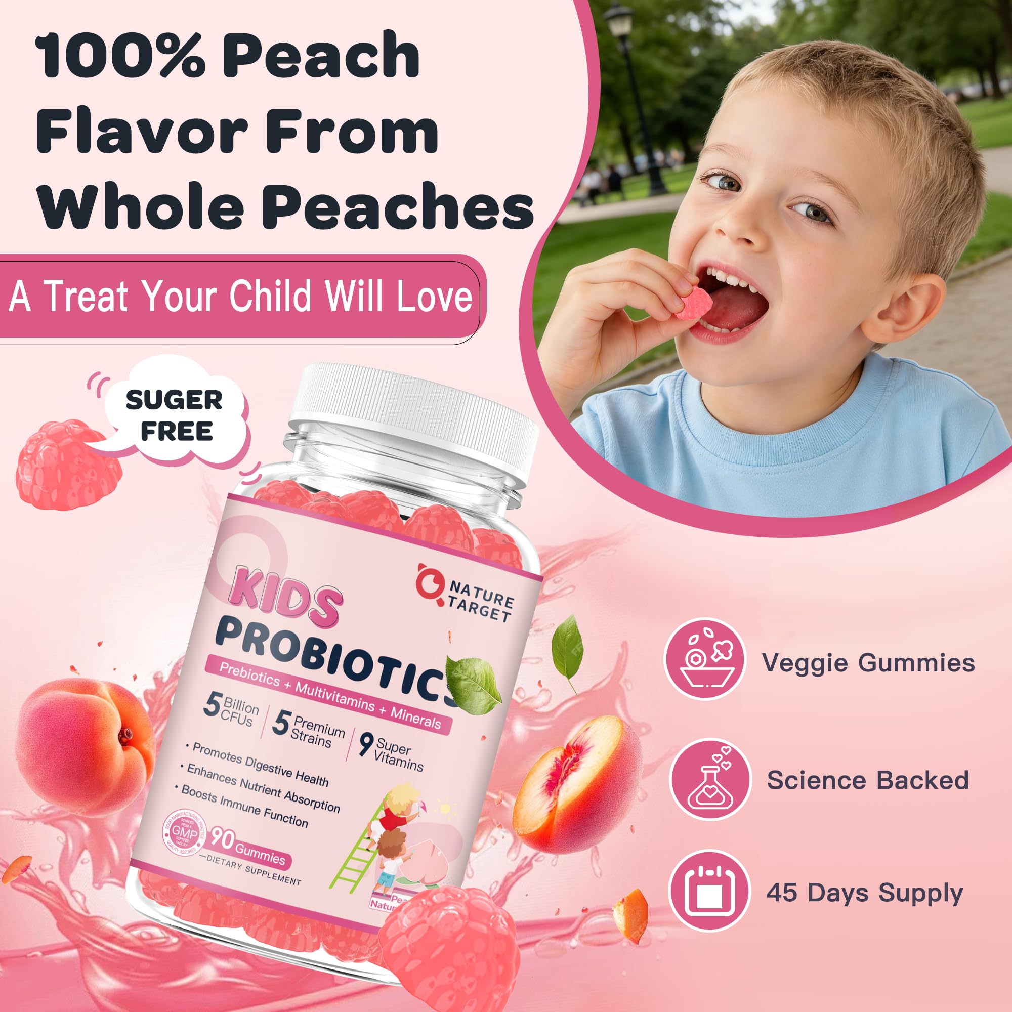 Probiotics for Kids, Kids Probiotic-Multivitamin Gummies with 5 Billion CFUs for Digestive Health & Immune Support, with Vitamins, Prebiotics, Minerals for Children, Natural Peach Flavor, 45 Servings