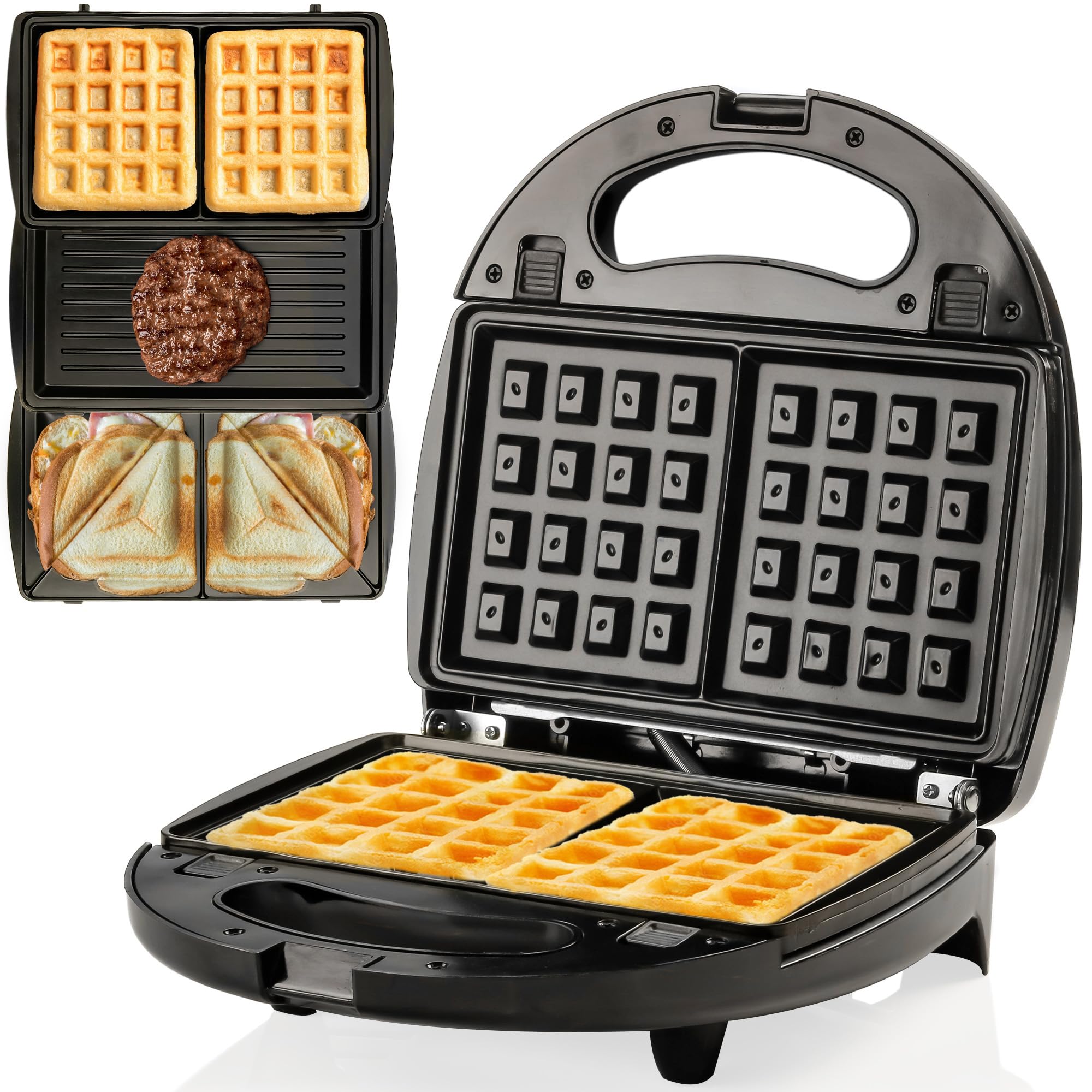 OVENTE Electric Sandwich, Panini and Waffle Maker Set with 3 Removable Non-Stick Plates, 750 Watts, Perfect for Grilled Cheese, Tuna Melts, Burgers, Steaks and Snacks, Black GPI202B