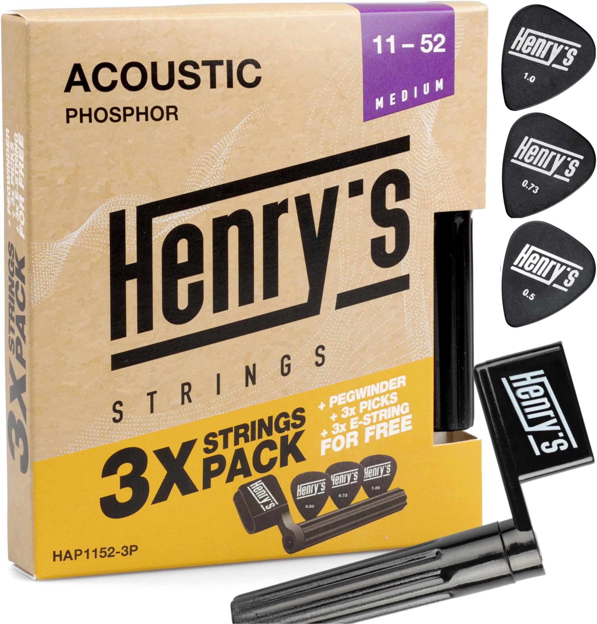 3 Pack Acoustic Guitar Strings 1047 Extra 3xE1 String & 3x Picks & String Winder