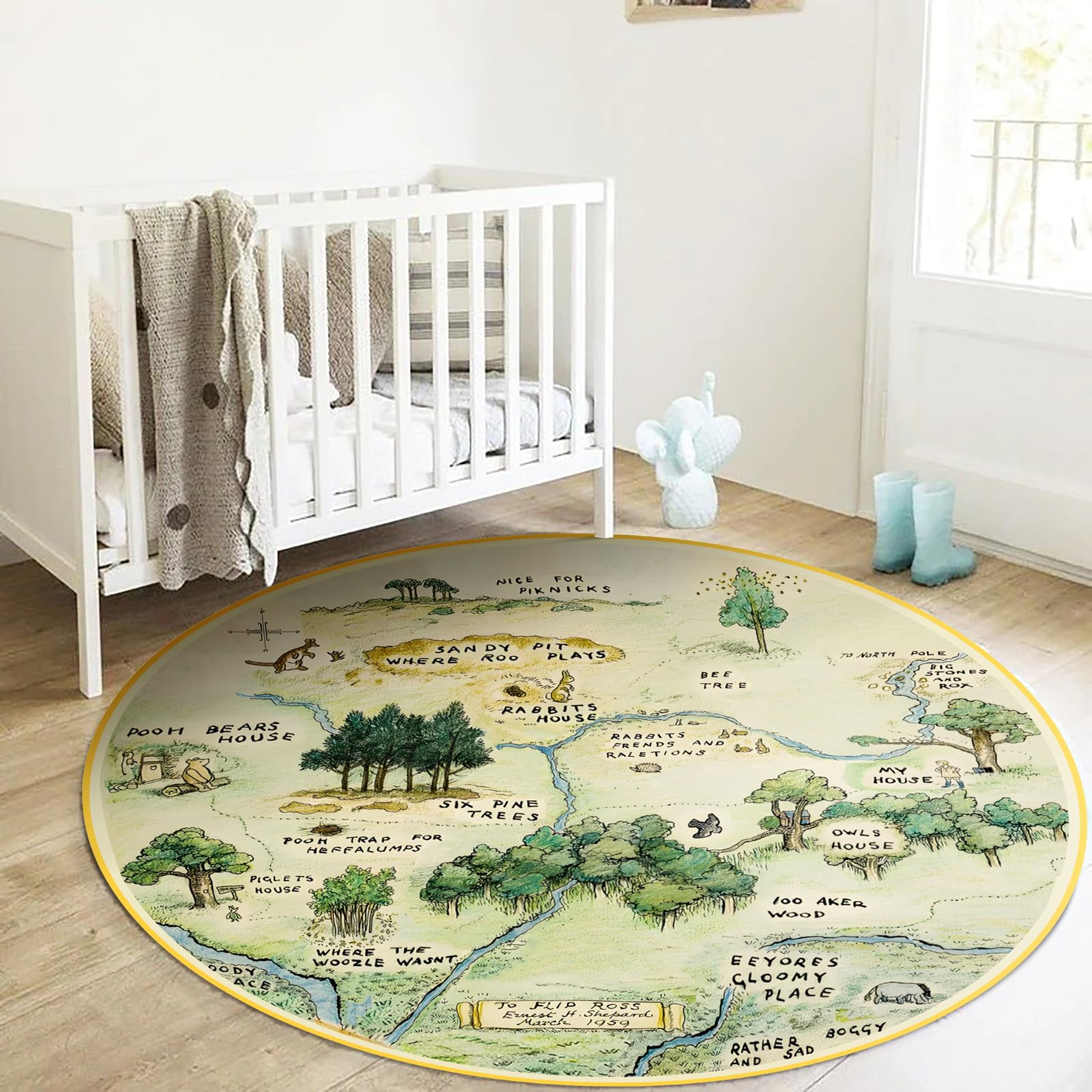 Estmy 6ft Washable Round Nursery Rug, Cute Woodland Kids Play Mat for Girls Boys Neutral Soft Crawling Play Mat for Classroom Children Toddlers