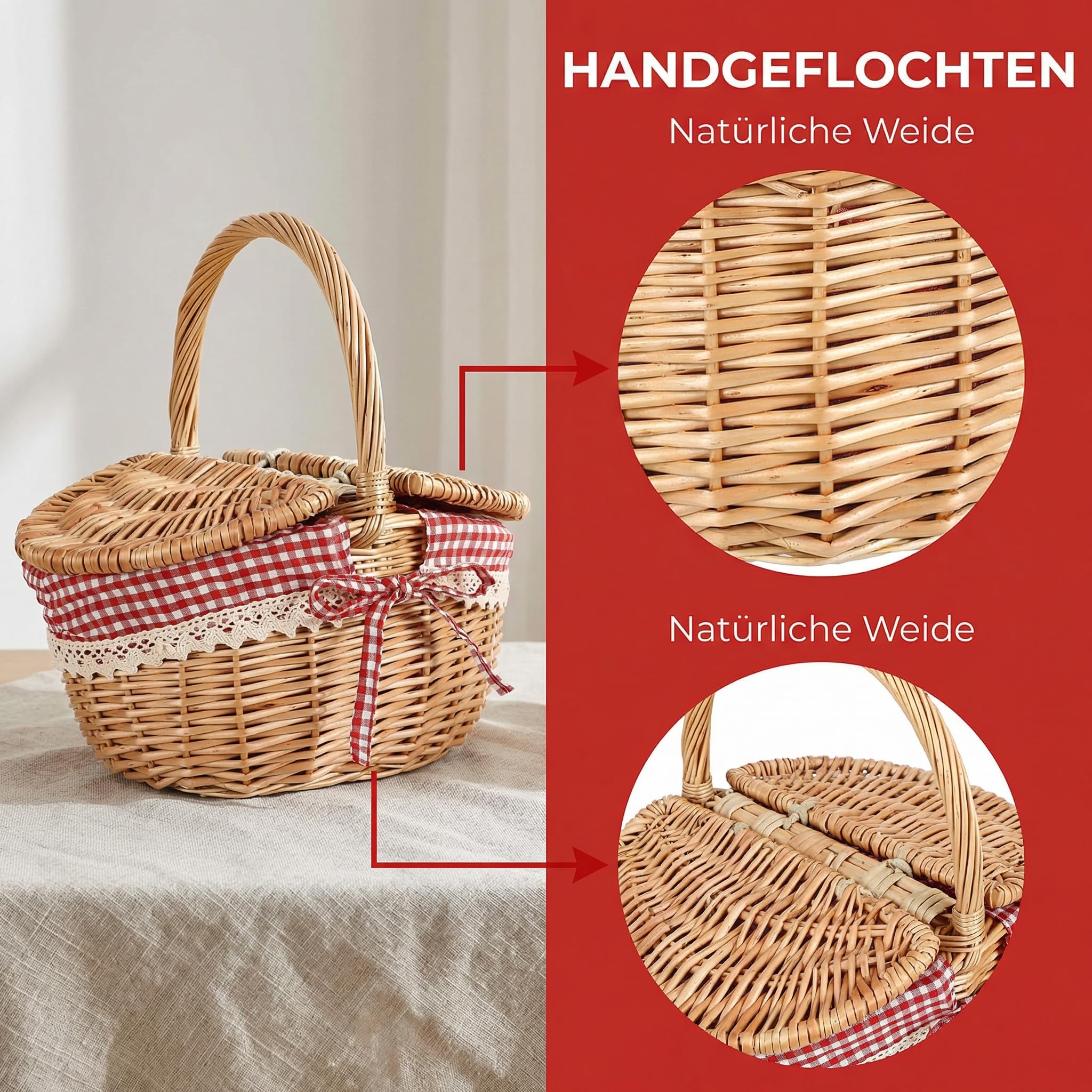 iplusmile Kleiner Weidenkorb mit Deckel und Henkel Geflochten Ovaler Picknickkorb Kinder Rotkäppchen Korb mit Rotem Karostoff, 26x18x15cm