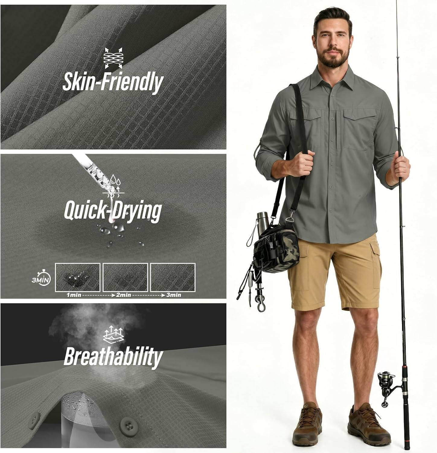 mixtiq Men's Sun Protection Safari Shirts Long Sleeve UPF 50 UV Quick Dry Travel Hiking Fishing Shirts with Zipper