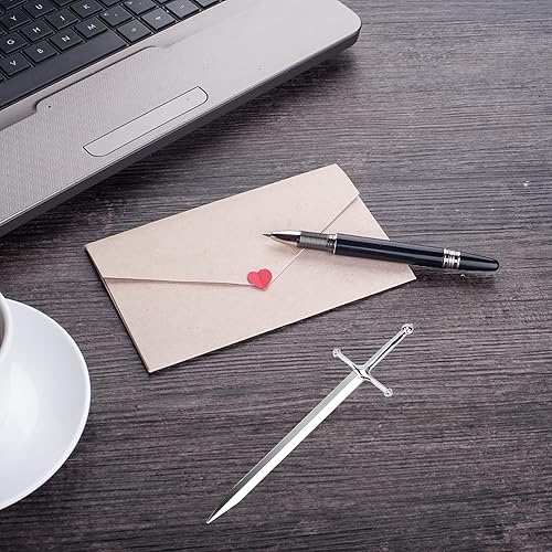 Miniatura 5 de ASUNFO Abrecartas de metal abrecartas sobre cuchillo en forma de suministros escolares de oficina plata