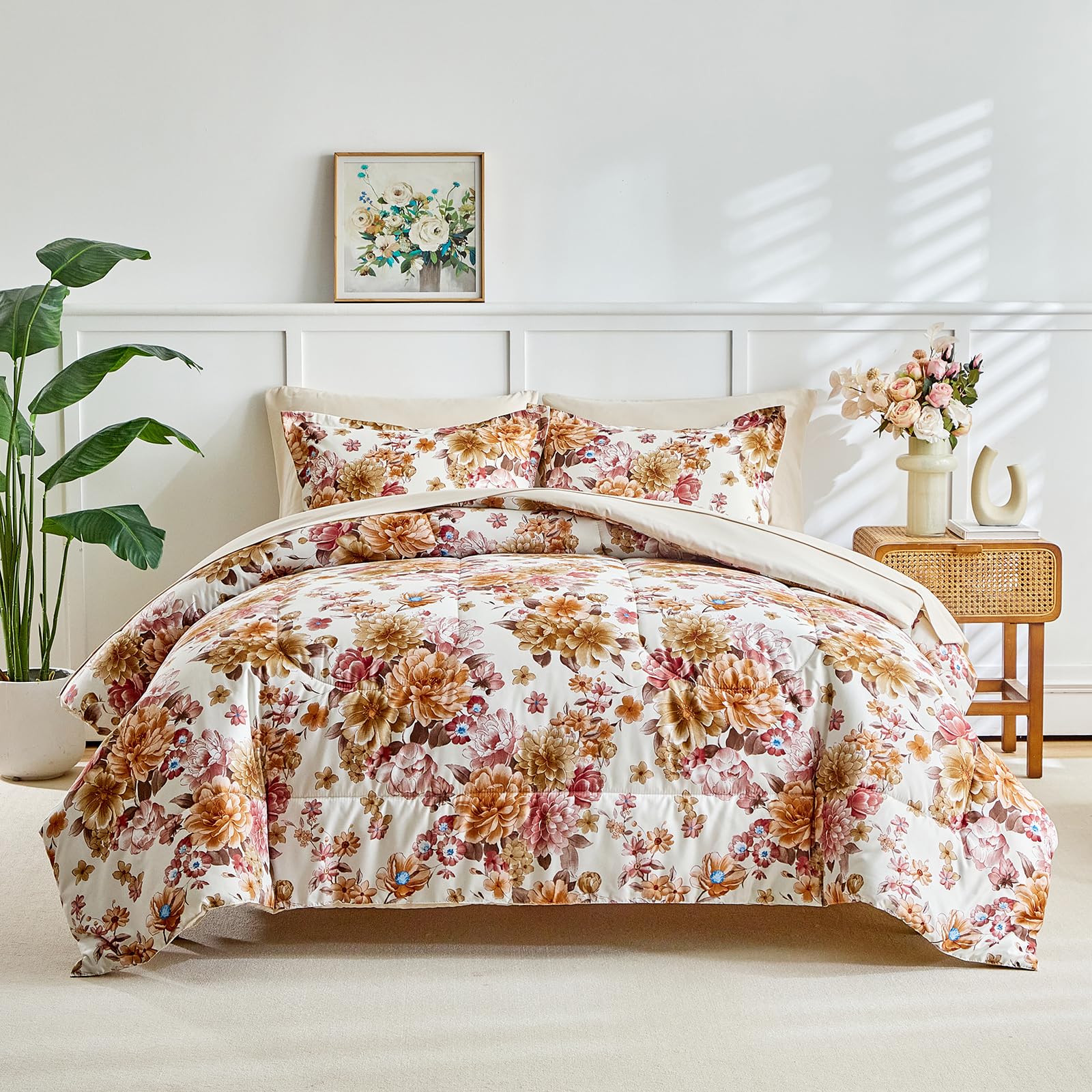 Flower Comforter Set with Sheet Set Beige Botanical Bed in a Bag Queen Size Pink Orange Brown Floral Leaves Super Cute Soft Microfiber 7 Pieces Bedding Set with Pillowcases for Girls Women Men