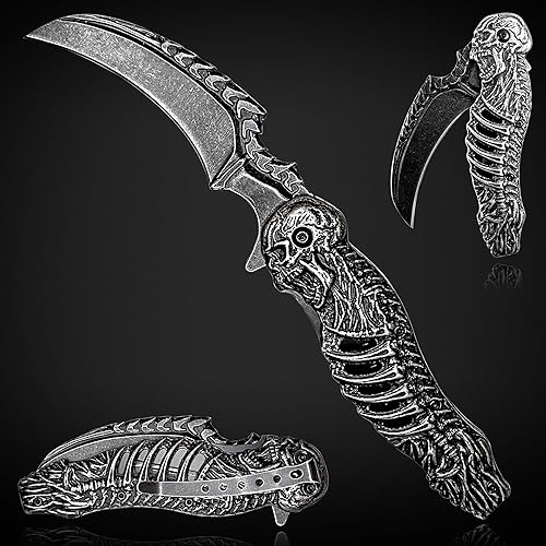 HOLYEDGE Cuchillos plegables de bolsillo de hoja de calavera de 8.4 pulgadas lavados a la piedra con clip de bolsillo, bloqueo de forro y apertura