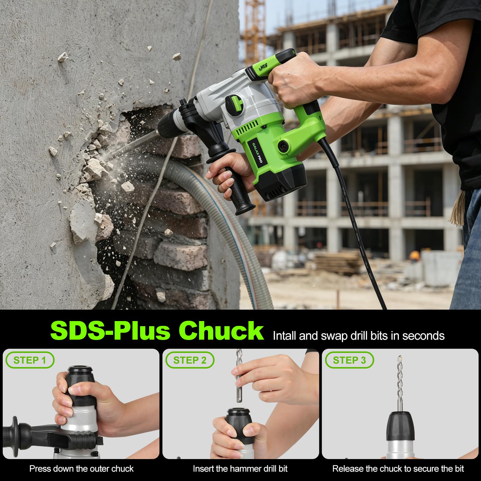 GALAX PRO 1500W Bohrhammer SDS-Plus 4-in-1 0-4000 U/min mit Koffer