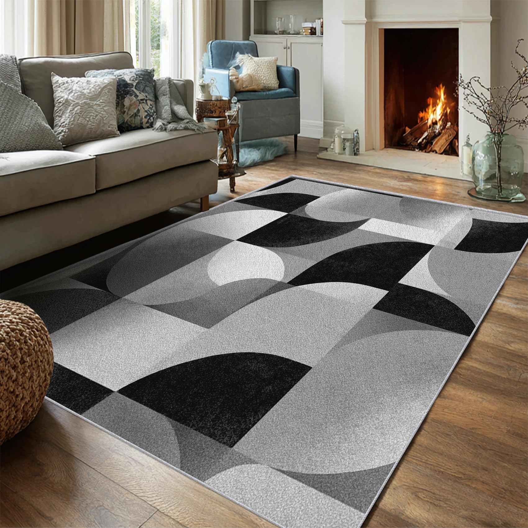 Teppich Geometrische Wohnzimmer 200 x 300 cm Mit Modern Schwarz Grau Muster, Geometrische Schlafzimmer Deko Bettvorleger, Kurzflor rutschfest Waschbar Teppiche Gegend
