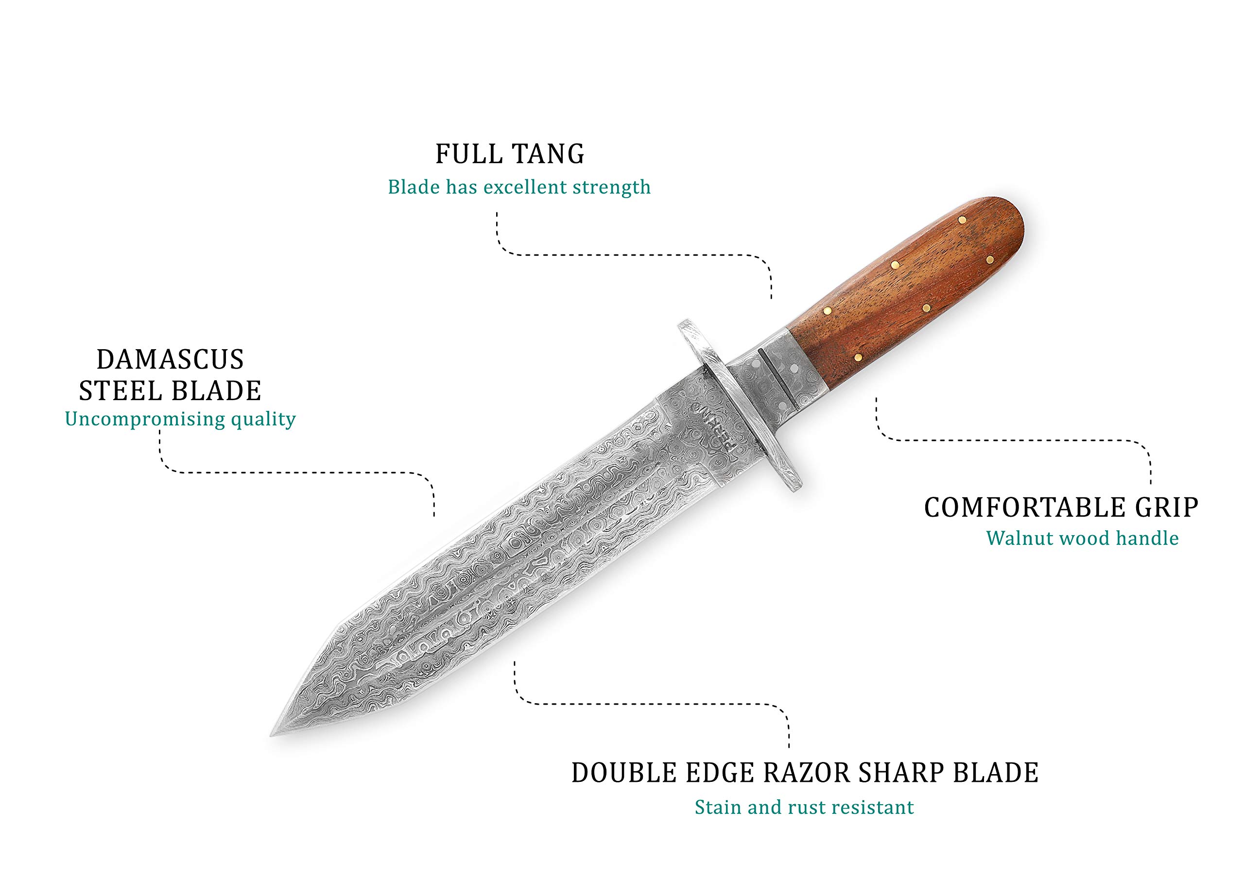 Perkin Jagdmesser mit Damaststahl Klinge, Full Tang, Feststehend, mit Scheide