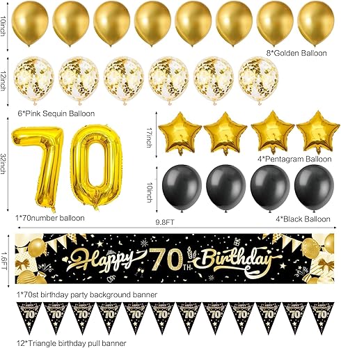 Miniatura 2 de Cartel grande de decoración de cumpleaños 70 de 9.8 x 1.6 pies, juego de decoración de fiesta de feliz cumpleaños negro y dorado, telón de fondo de